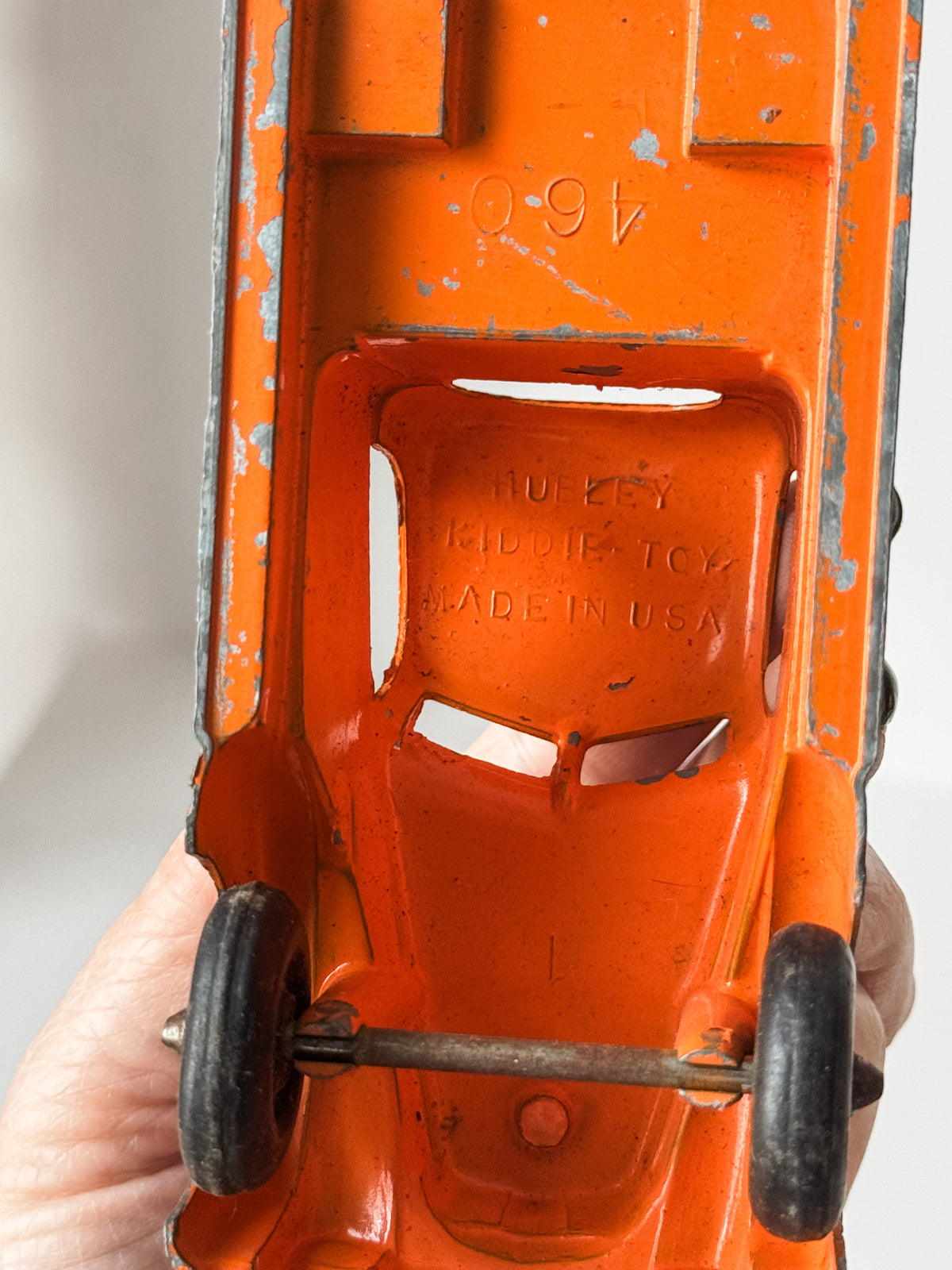 Pair Of Vintage Metal Chippy Orange Toy Trucks