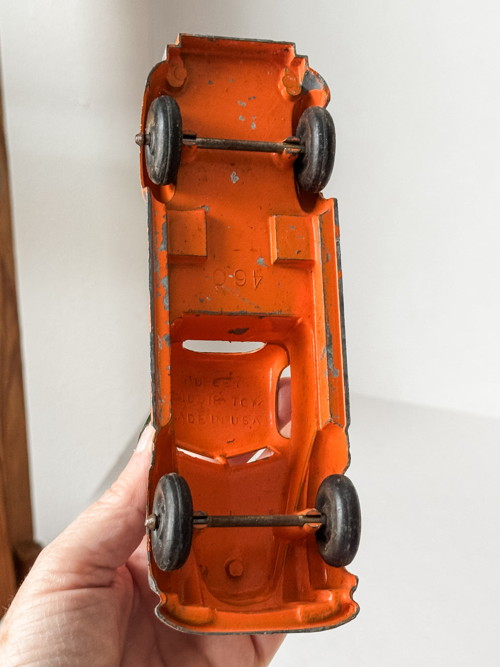Pair Of Vintage Metal Chippy Orange Toy Trucks