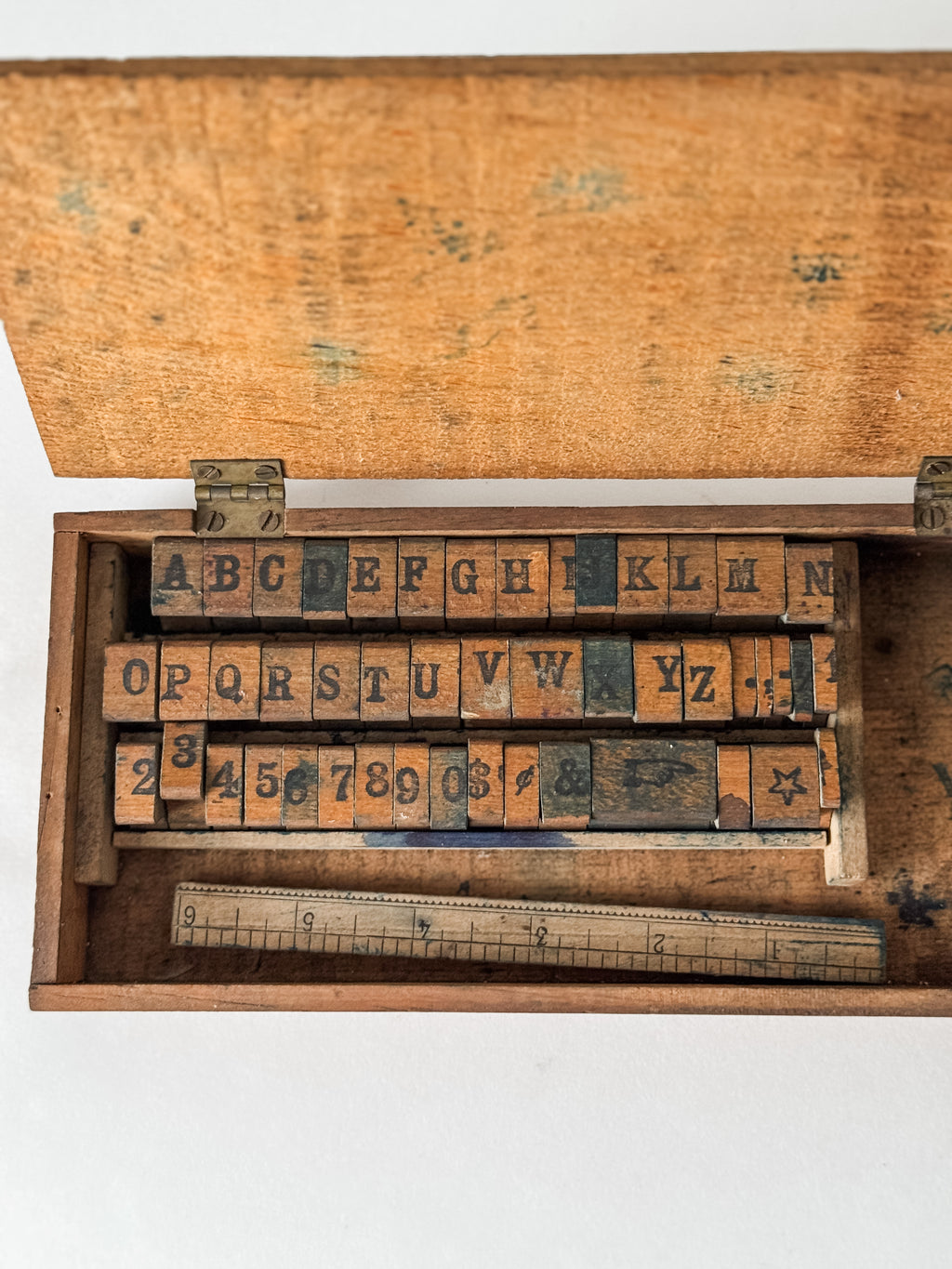 Early 1900s Primitive Set Of Wood Stamps In Wood Box
