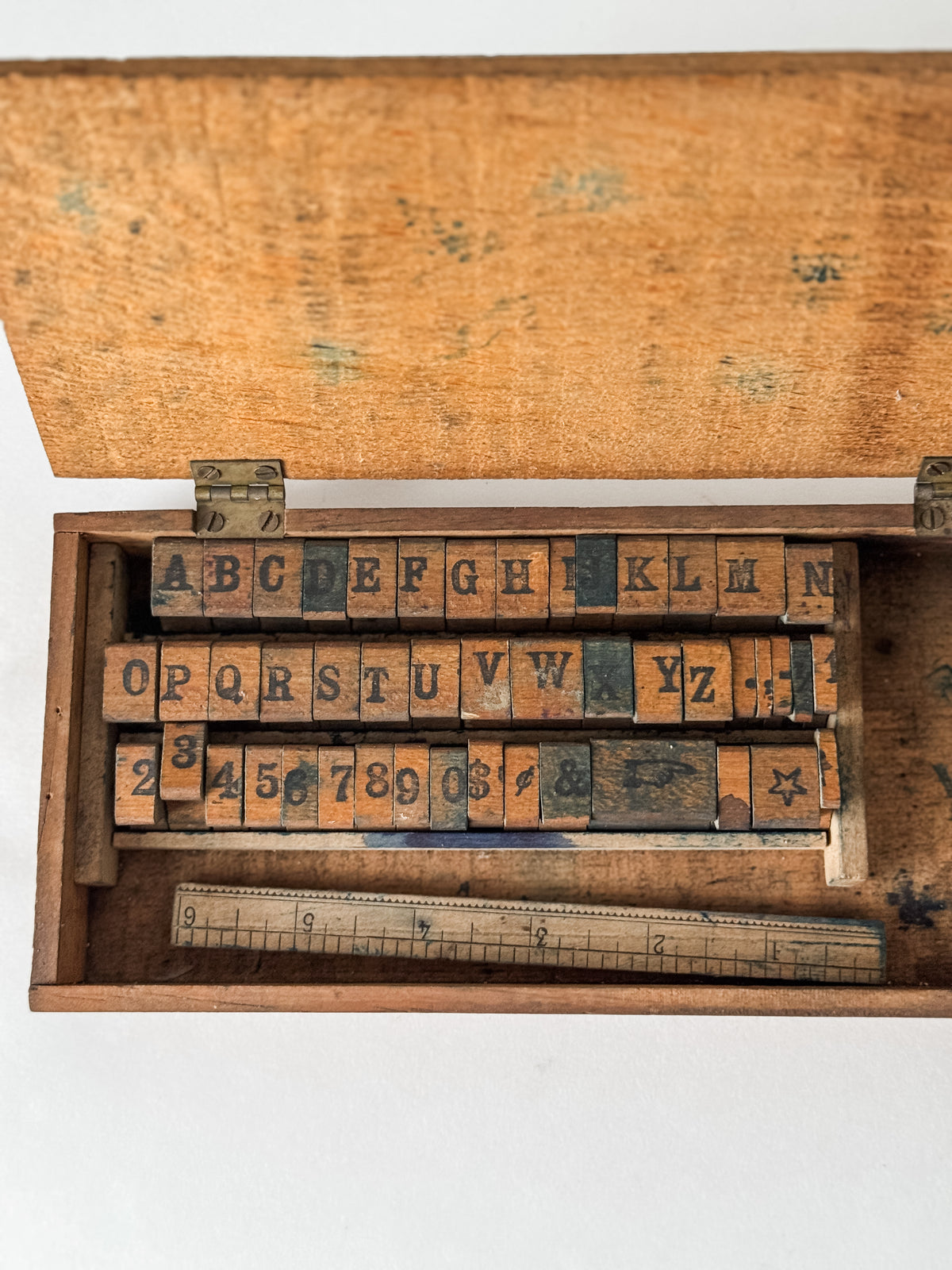Early 1900s Primitive Set Of Wood Stamps In Wood Box
