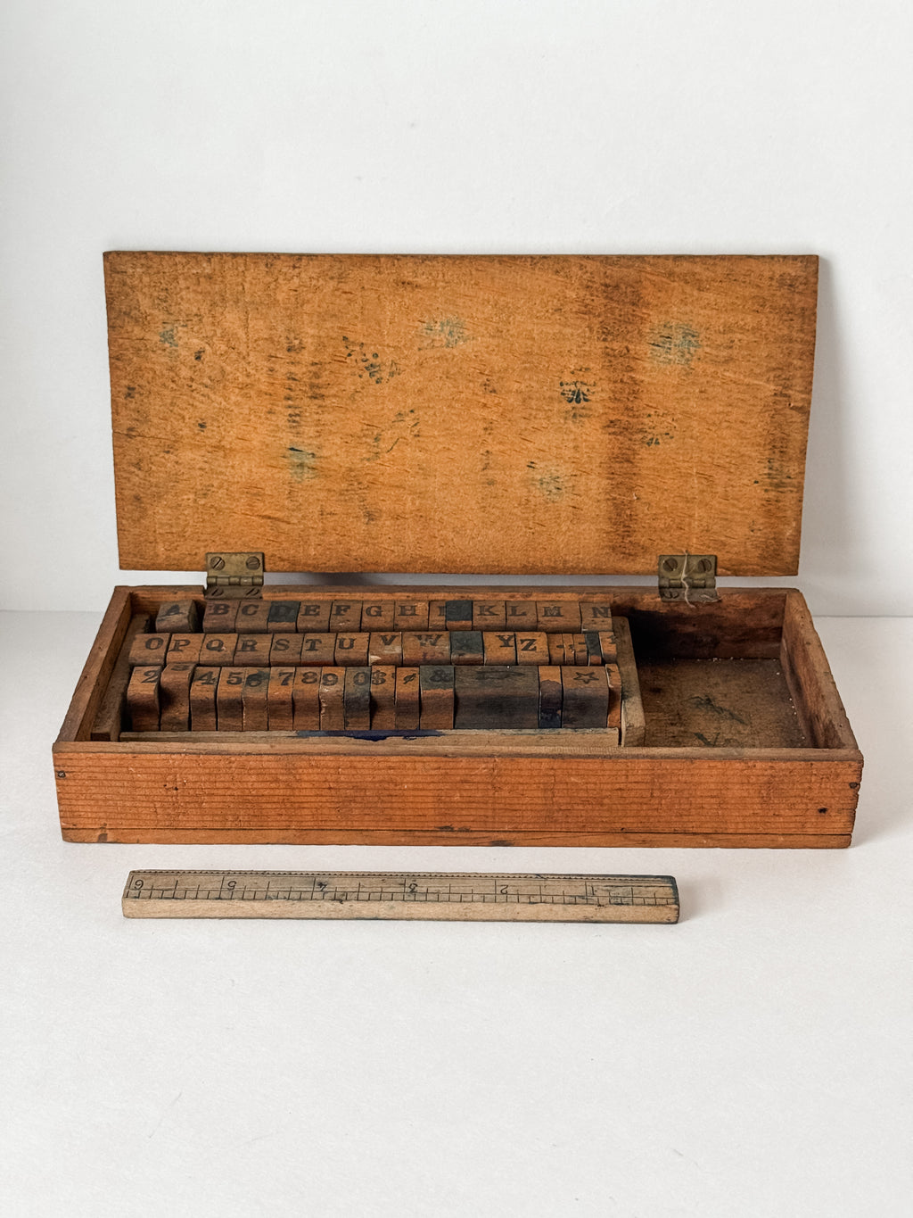 Early 1900s Primitive Set Of Wood Stamps In Wood Box
