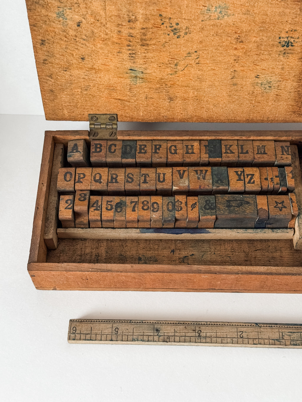 Early 1900s Primitive Set Of Wood Stamps In Wood Box