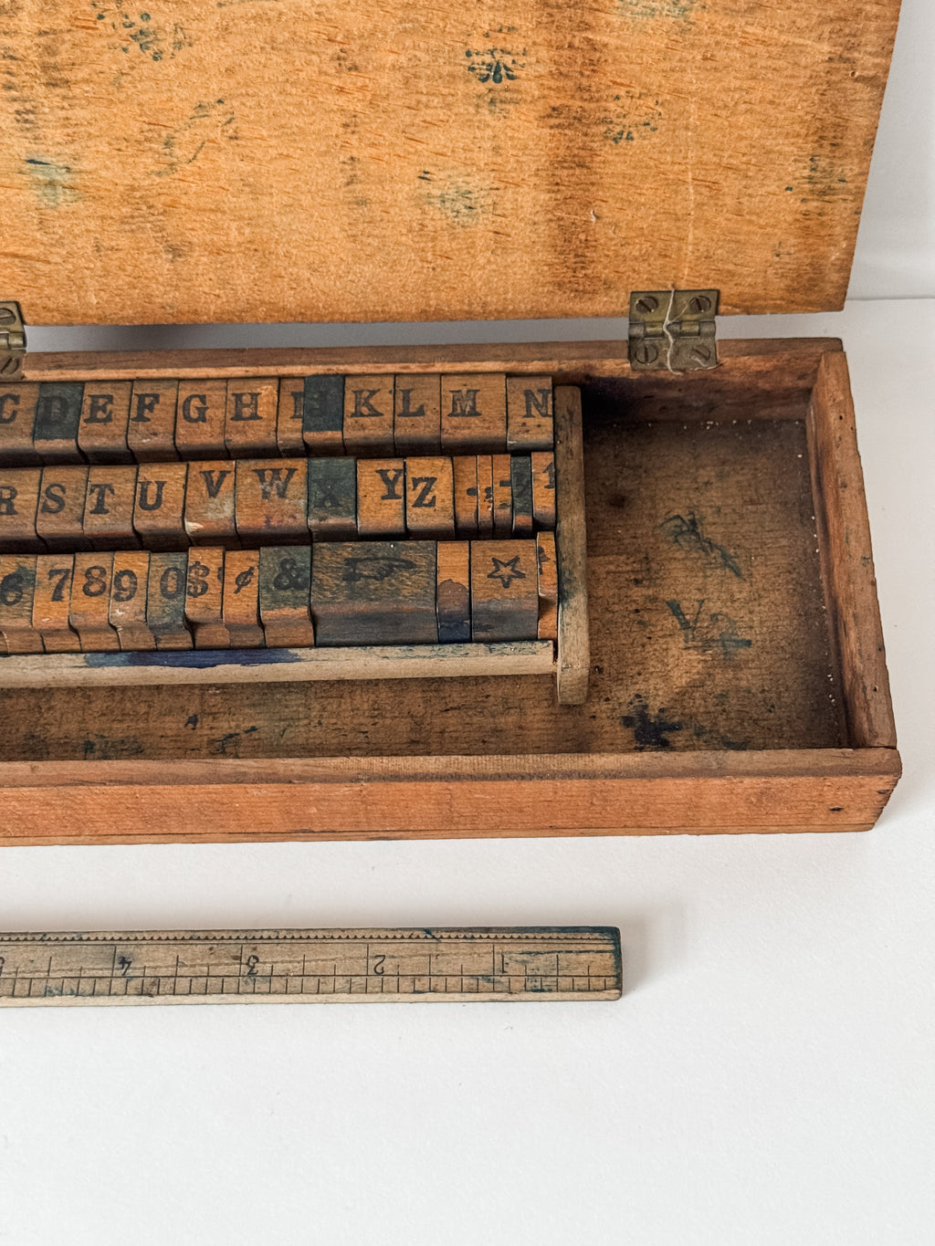 Early 1900s Primitive Set Of Wood Stamps In Wood Box