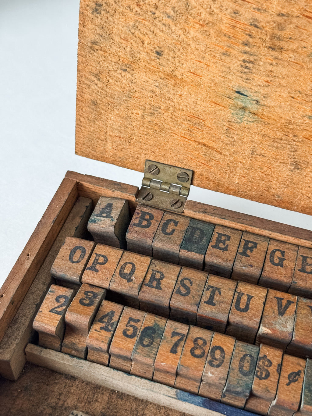 Early 1900s Primitive Set Of Wood Stamps In Wood Box