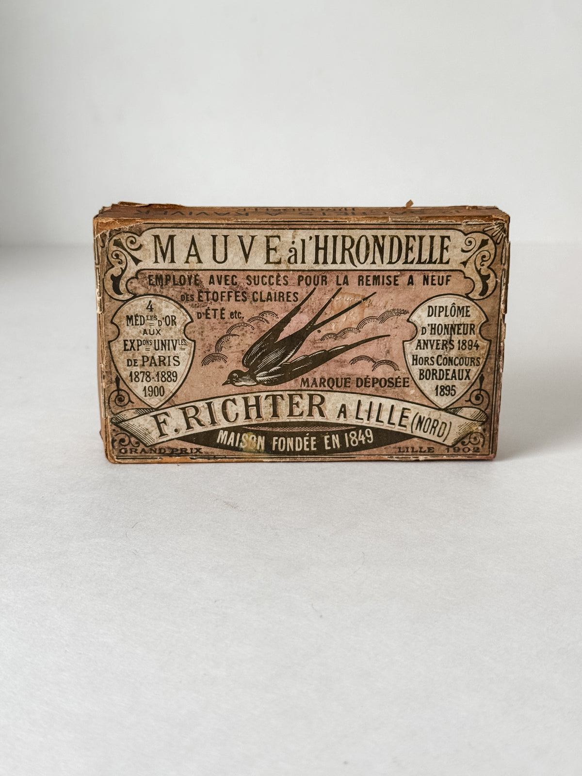 Antique French Cardboard Box Of Mauve Colored Fabric Dyes