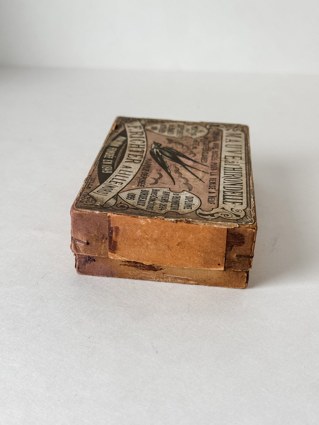 Antique French Cardboard Box Of Mauve Colored Fabric Dyes