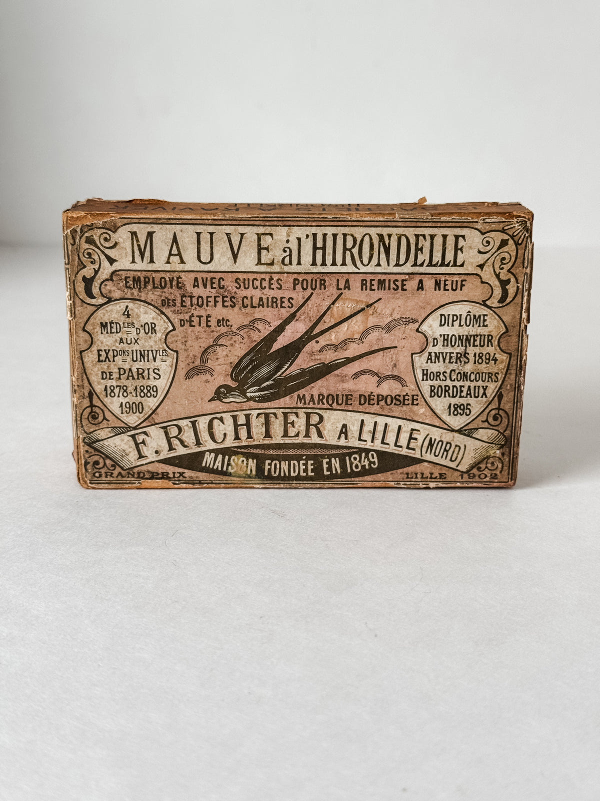 Antique French Cardboard Box Of Mauve Colored Fabric Dyes