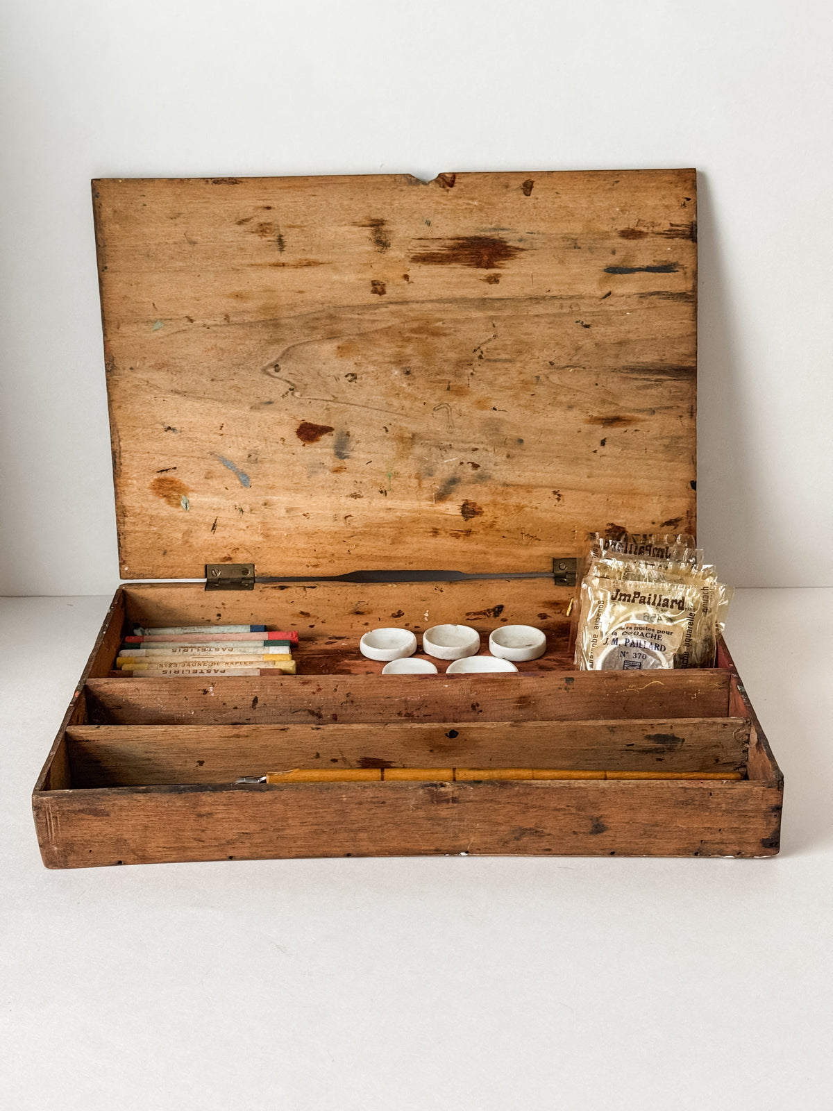 Vintage Parisian Wood Art Box With Contents