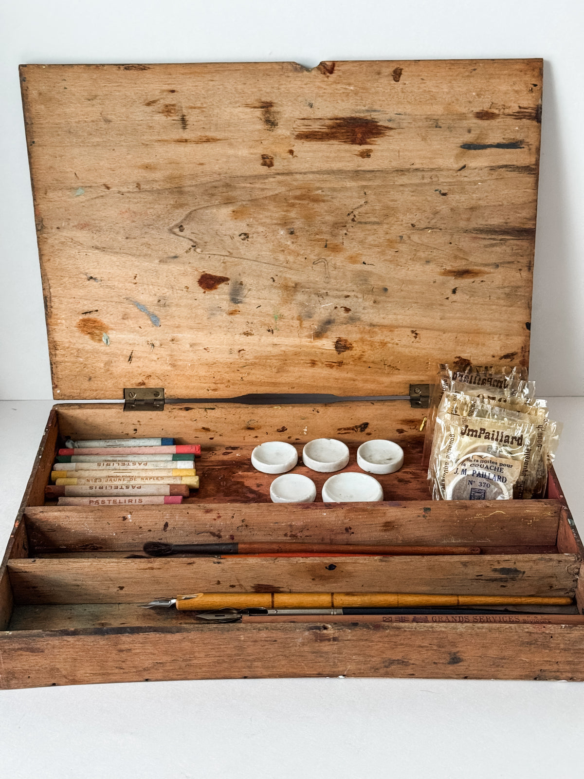 Vintage Parisian Wood Art Box With Contents