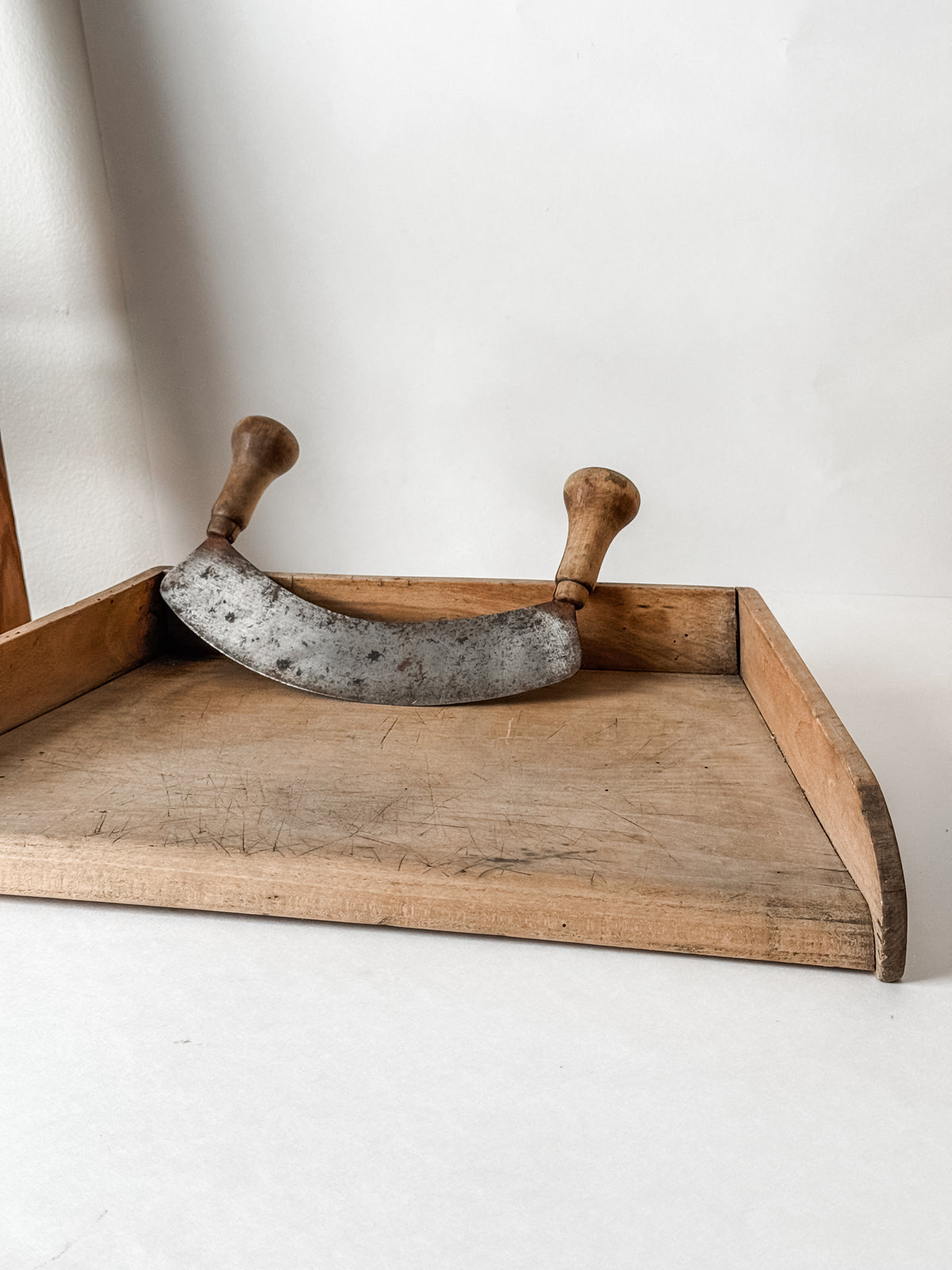 Antique French Wood Herb Chopping Board With Old French Mezzaluna