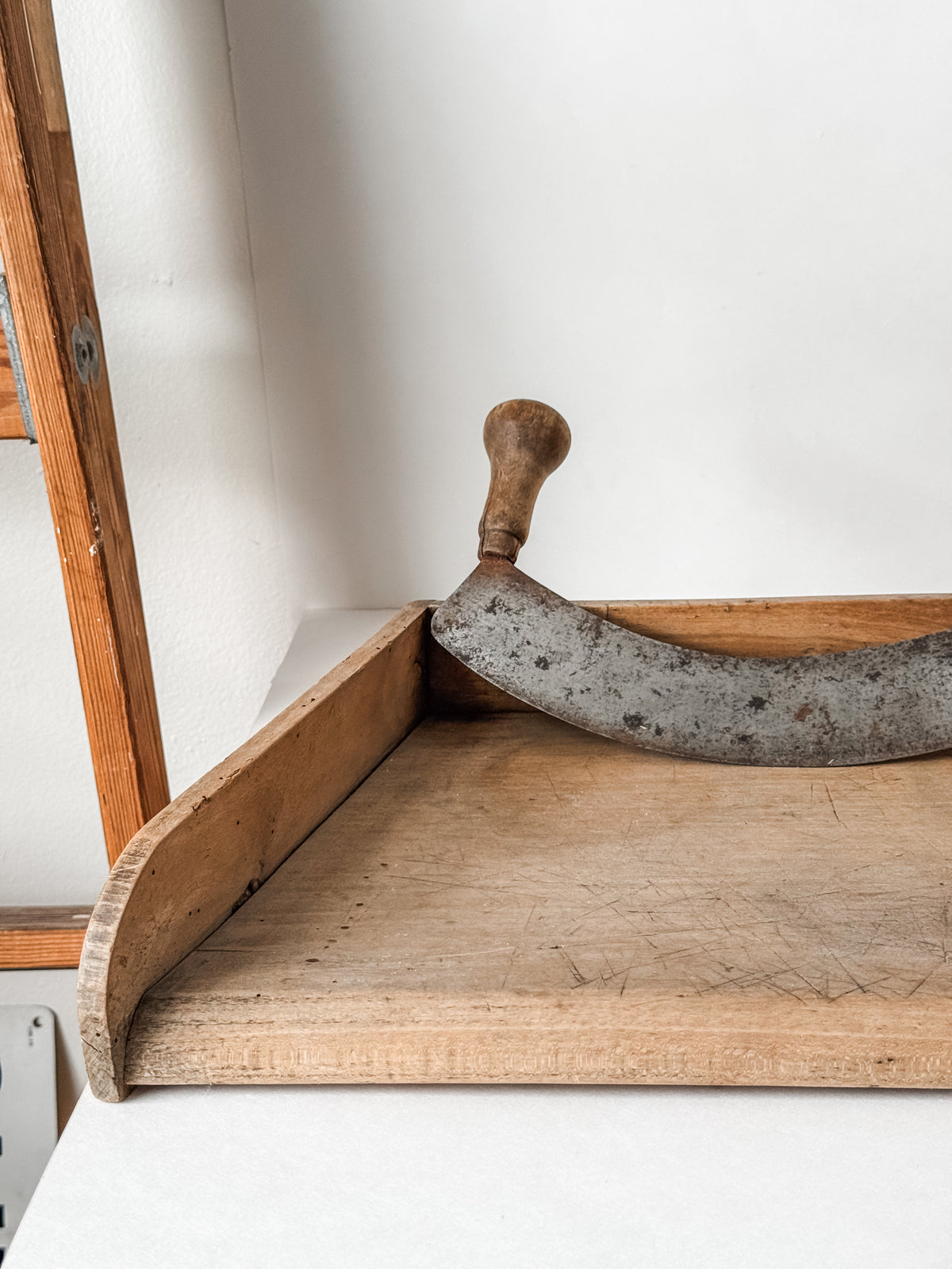Antique French Wood Herb Chopping Board With Old French Mezzaluna