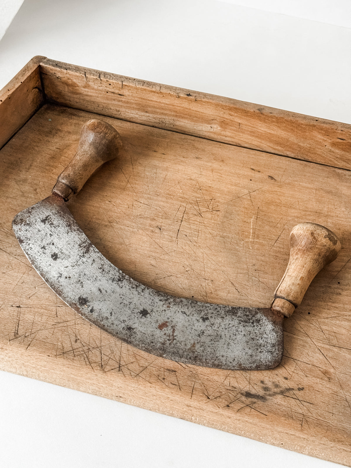 Antique French Wood Herb Chopping Board With Old French Mezzaluna