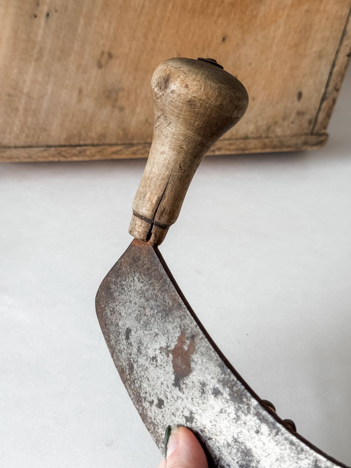 Antique French Wood Herb Chopping Board With Old French Mezzaluna