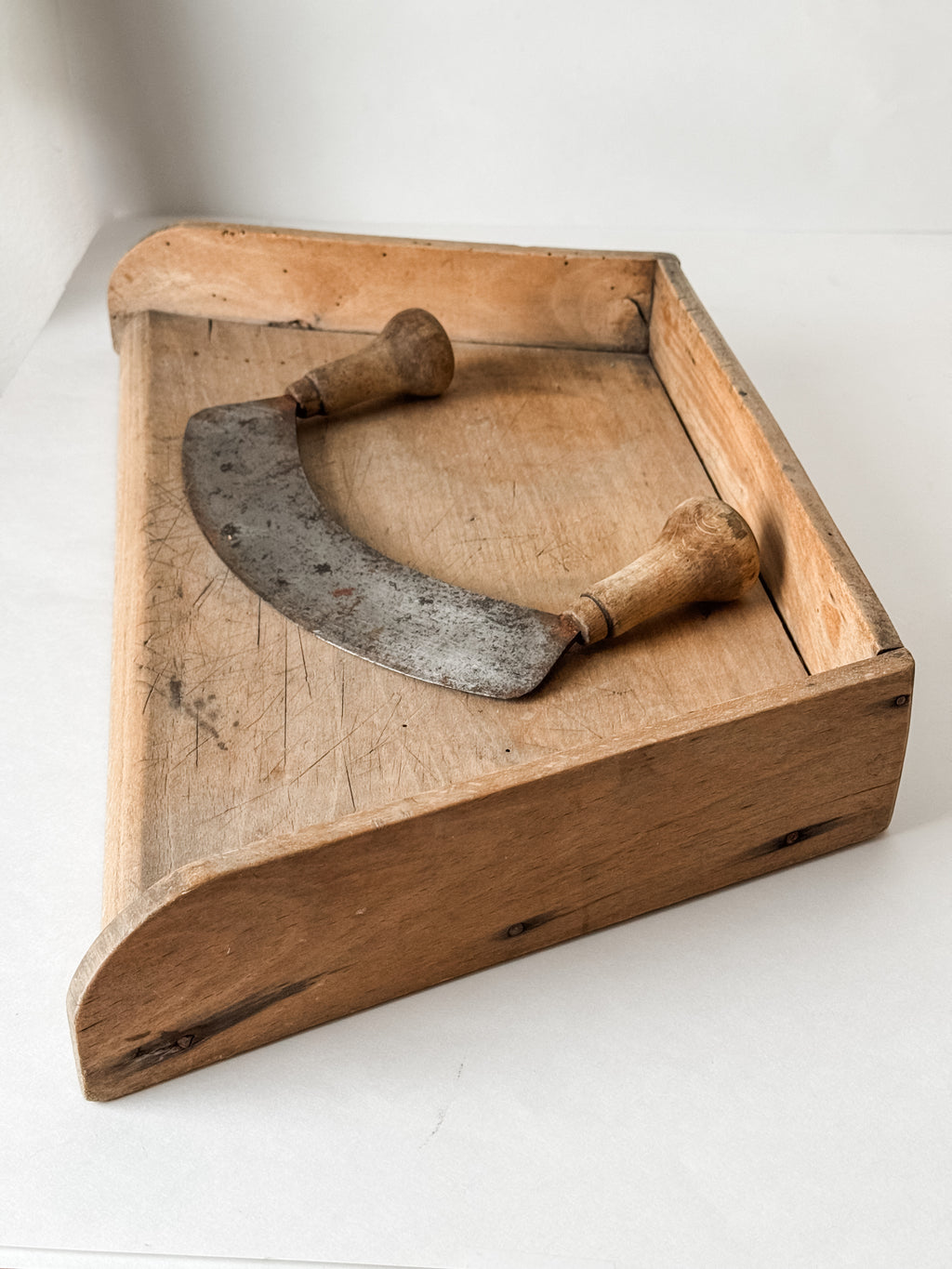Antique French Wood Herb Chopping Board With Old French Mezzaluna
