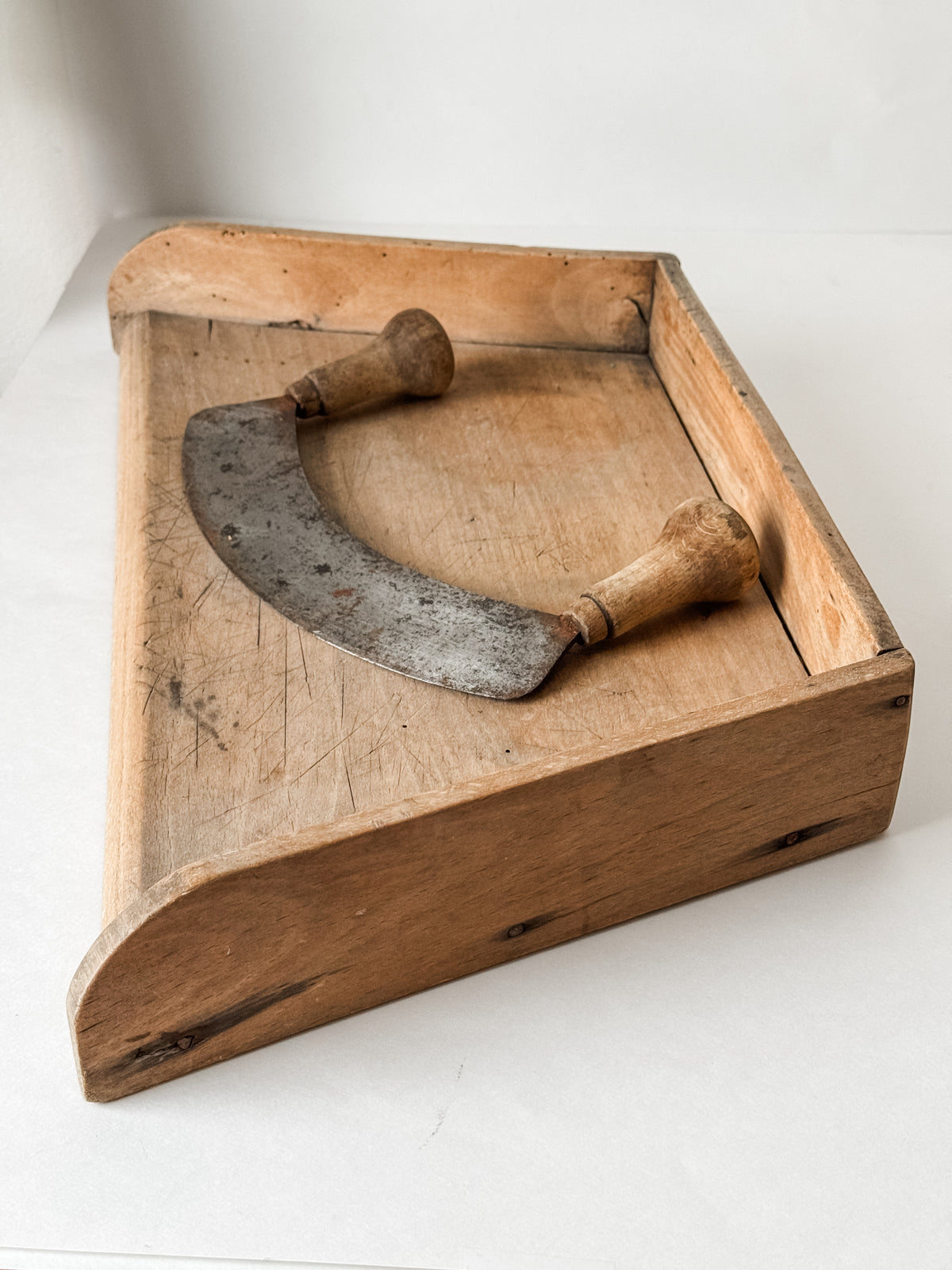 Antique French Wood Herb Chopping Board With Old French Mezzaluna