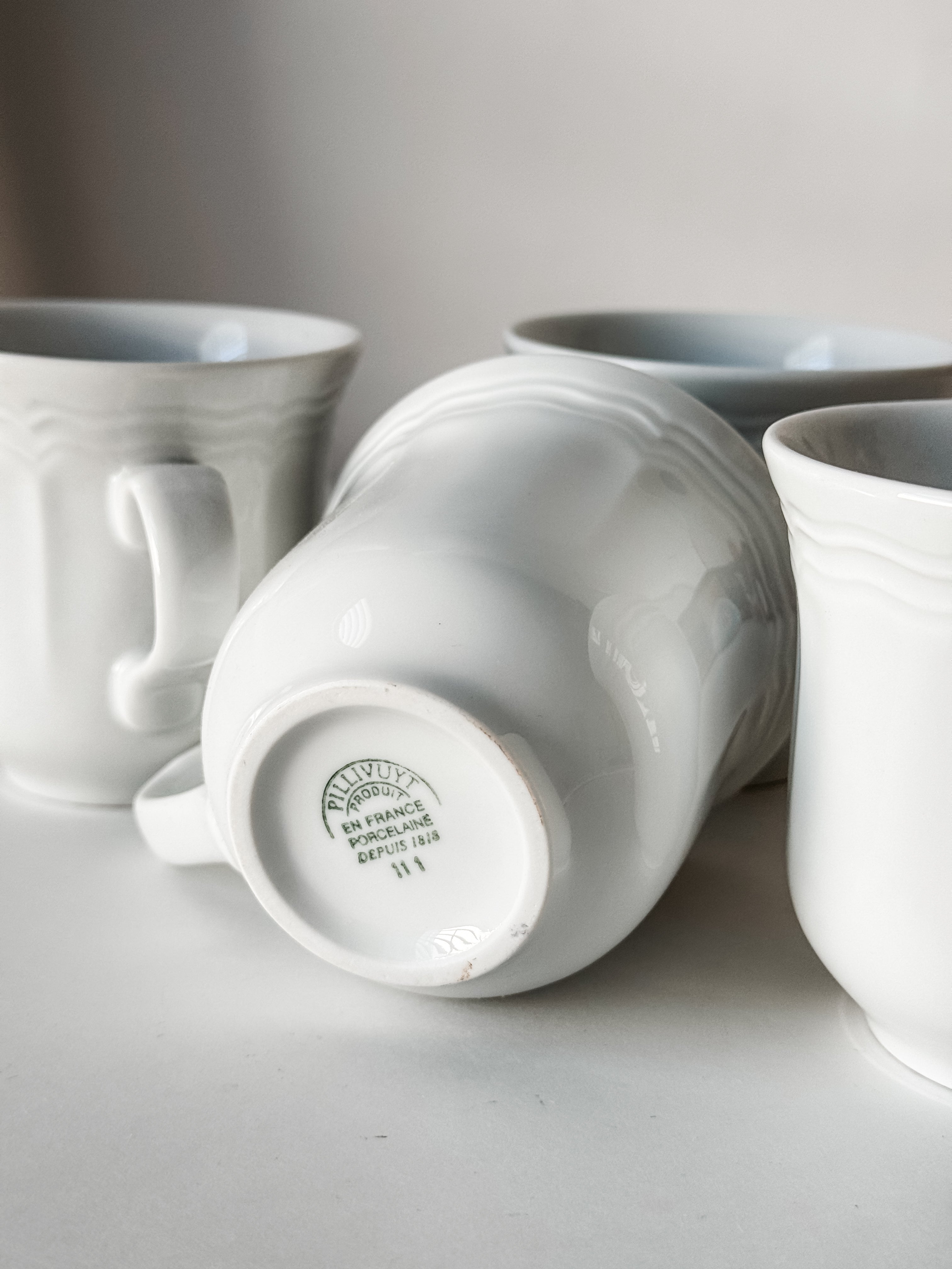 Vintage French White Porcelain Pillivuyt Mug Set