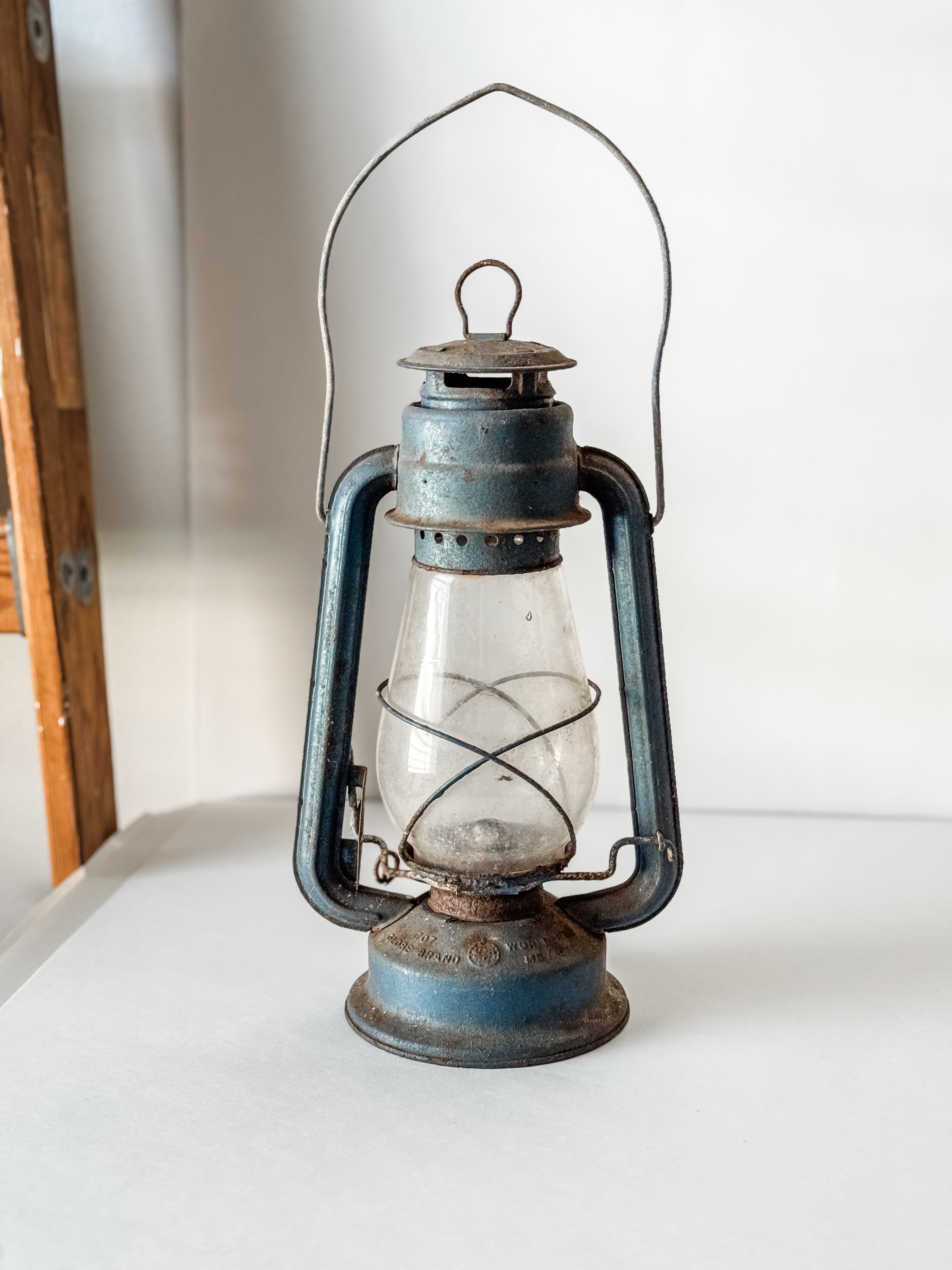 Vintage Rusty Blue And Glass Oil Lantern