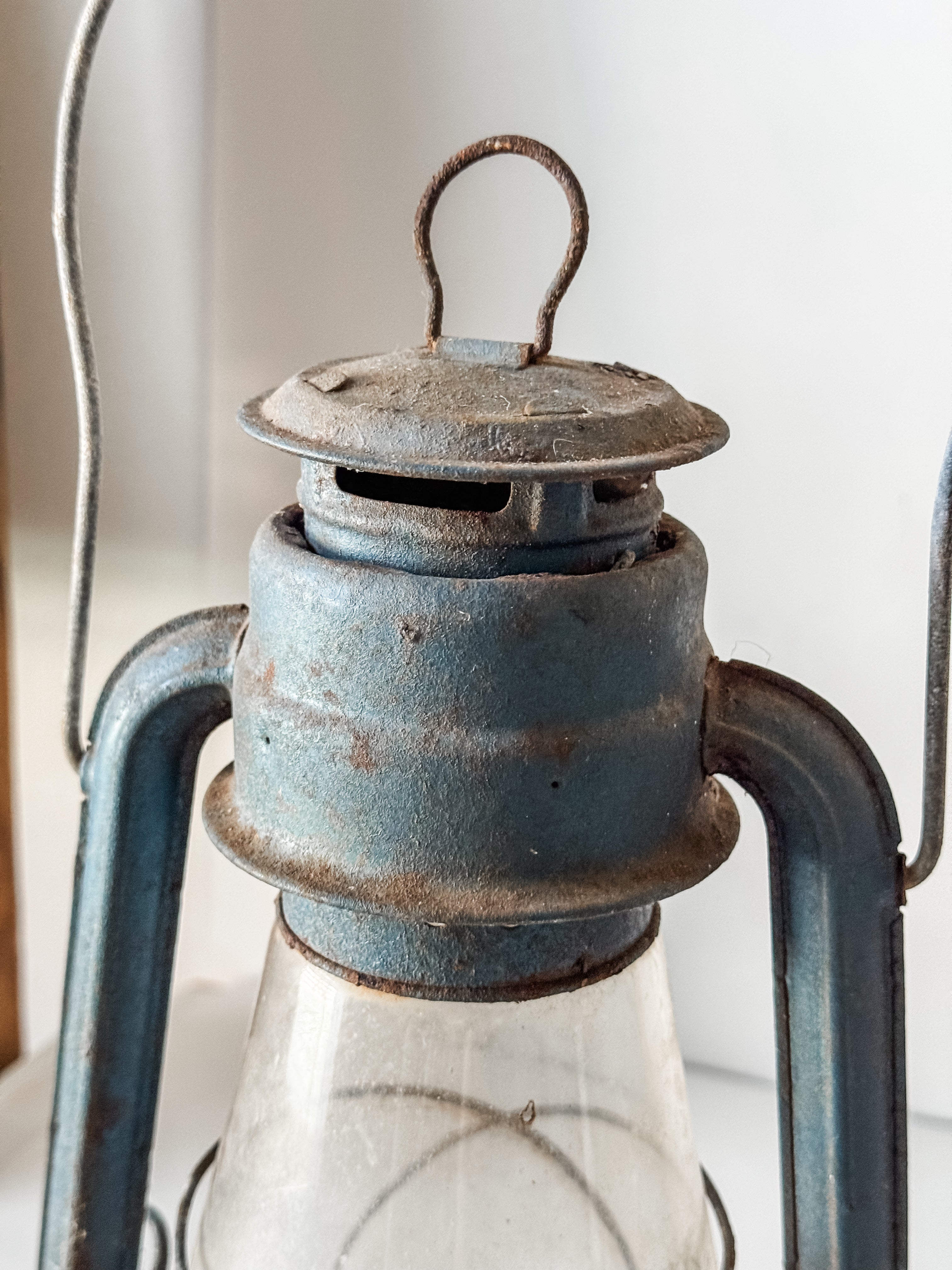 Vintage Rusty Blue And Glass Oil Lantern