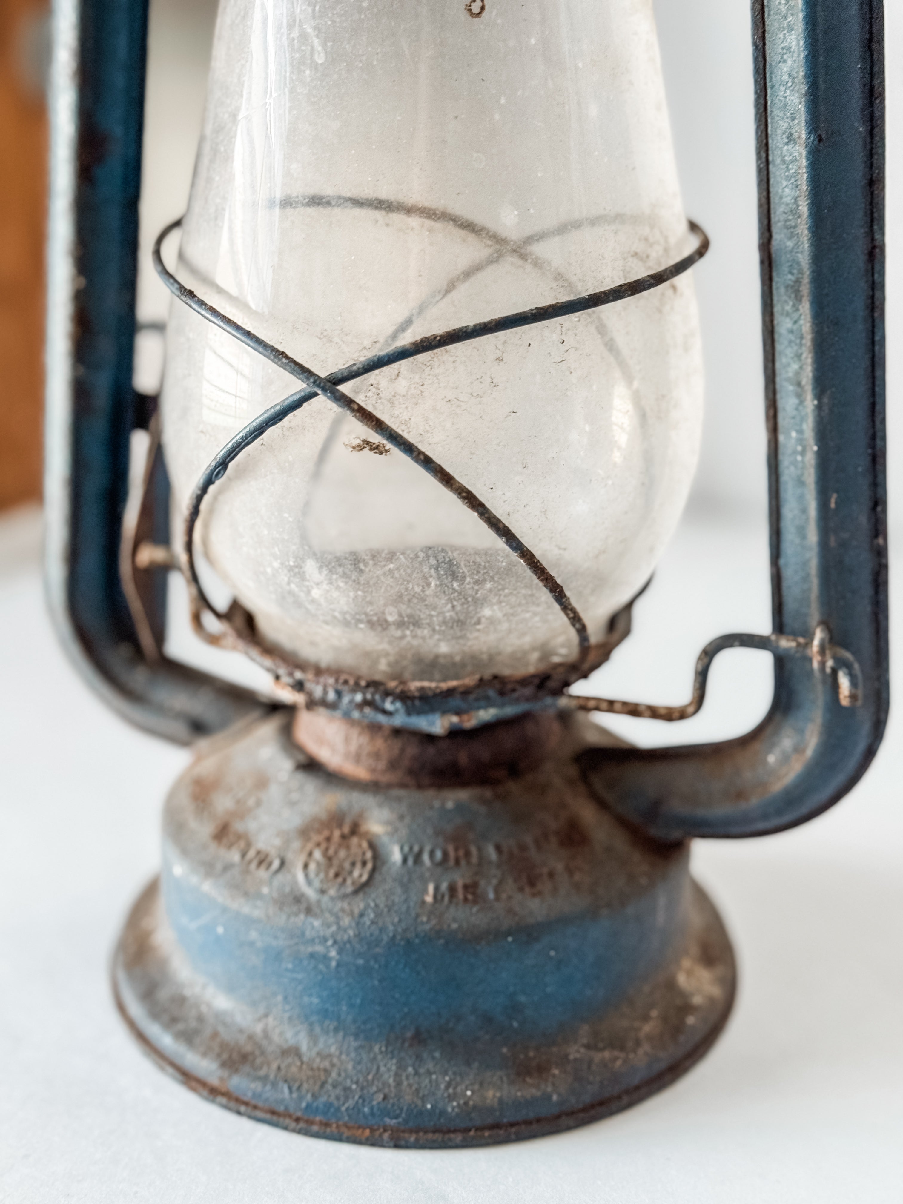 Vintage Rusty Blue And Glass Oil Lantern