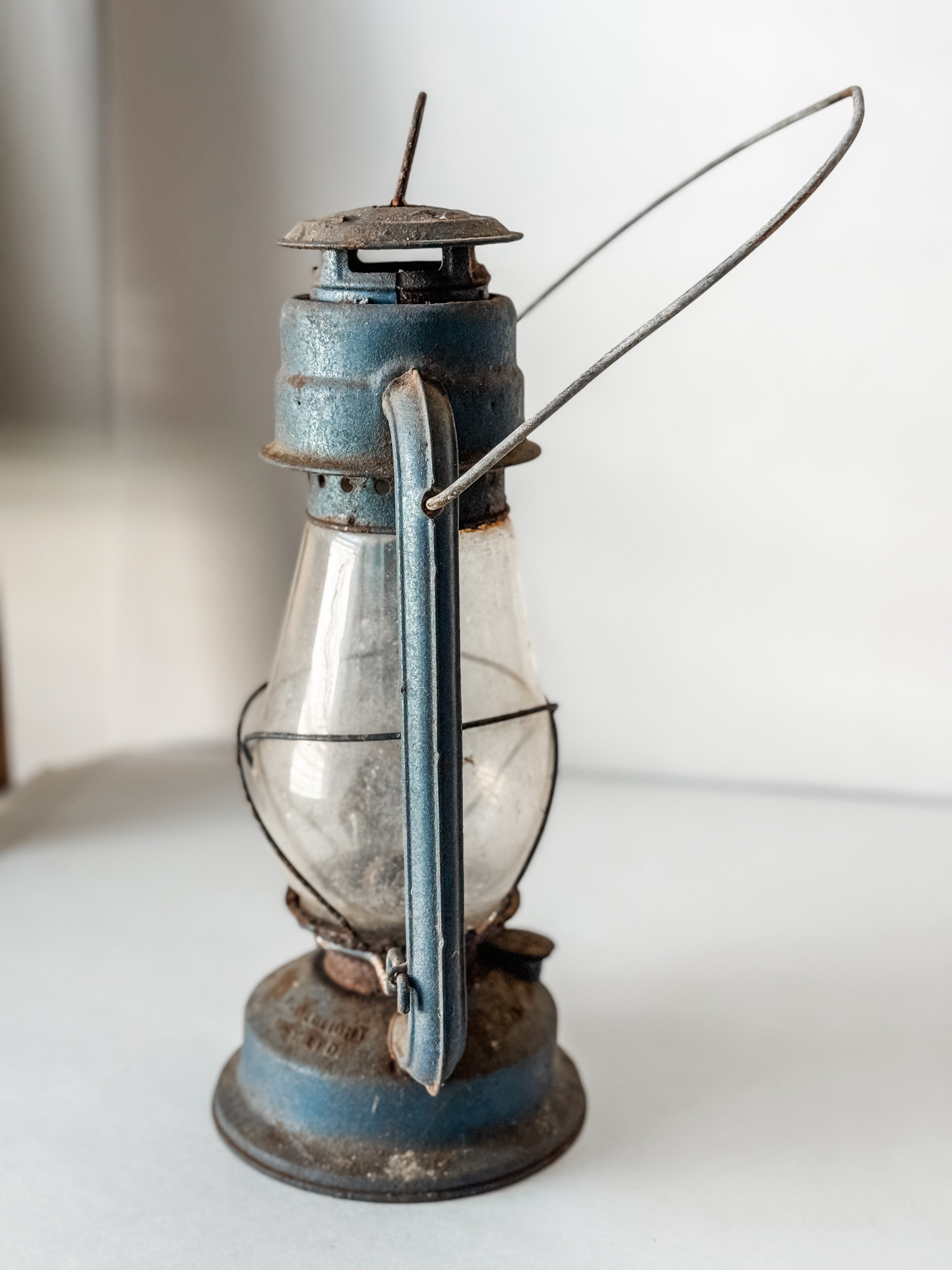 Vintage Rusty Blue And Glass Oil Lantern