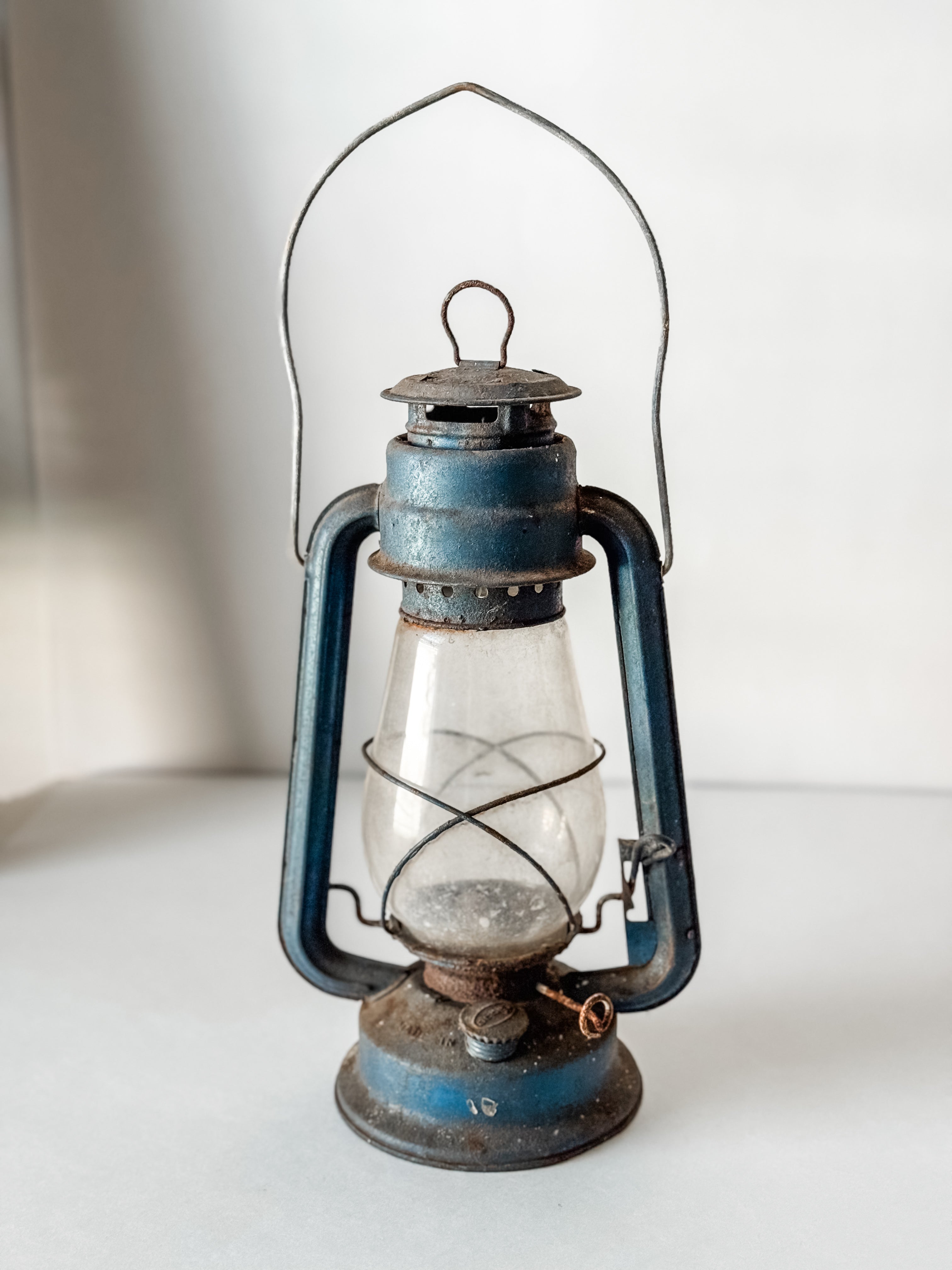 Vintage Rusty Blue And Glass Oil Lantern