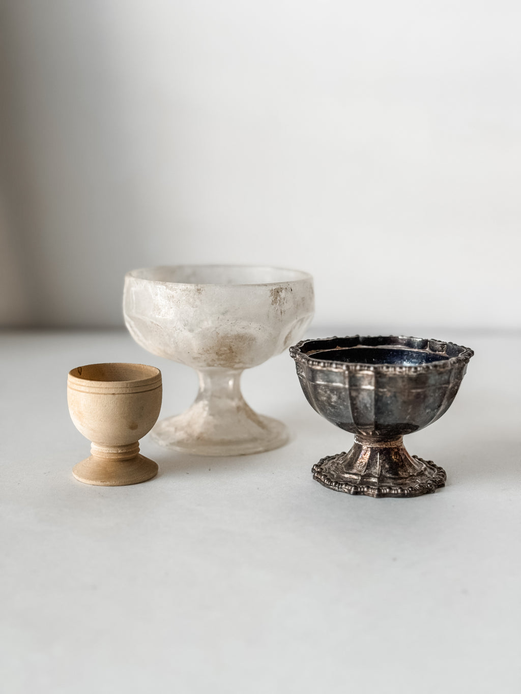 Set Of Three Vintage Mixed Material Footed Vessels