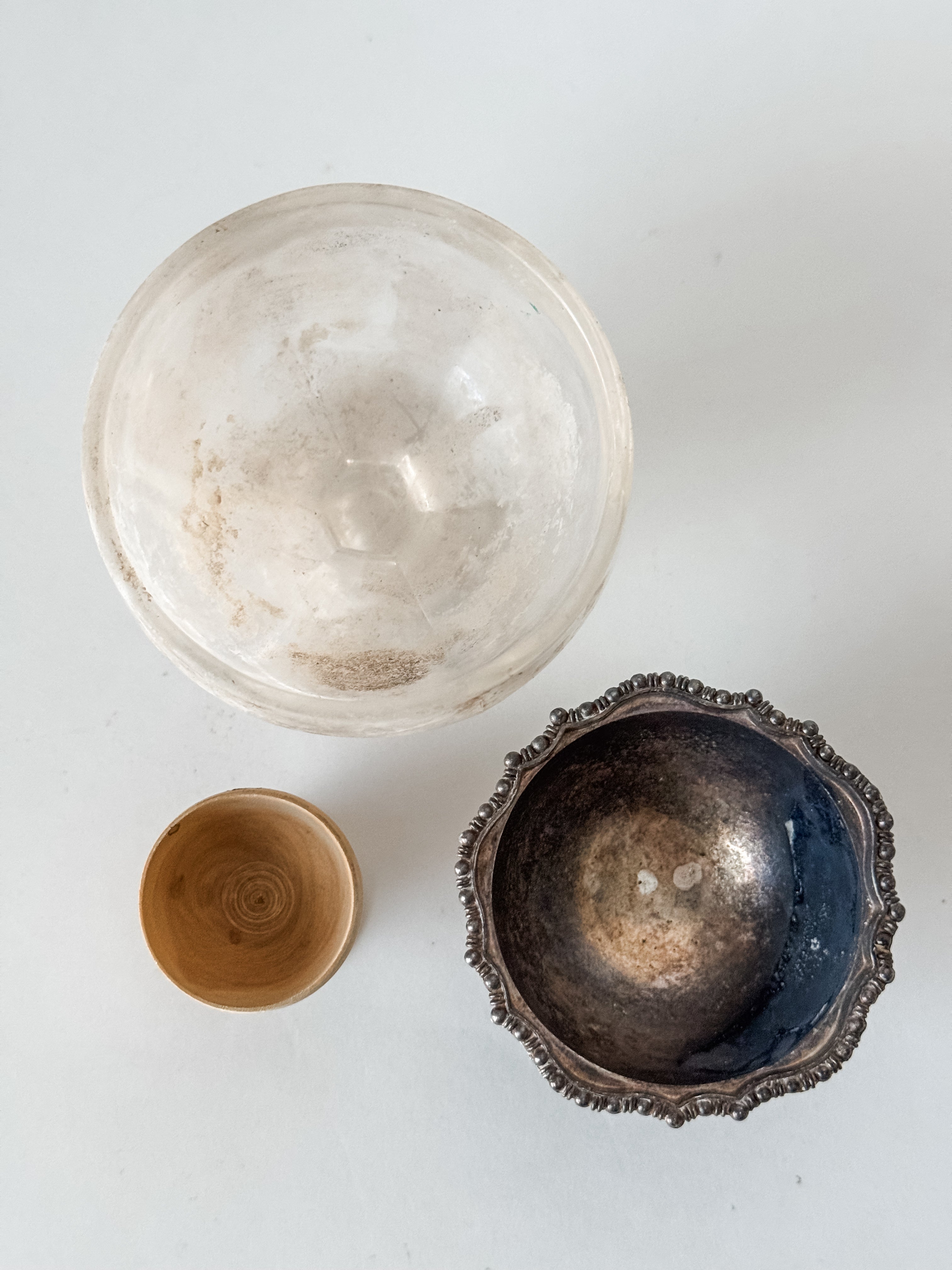 Set Of Three Vintage Mixed Material Footed Vessels