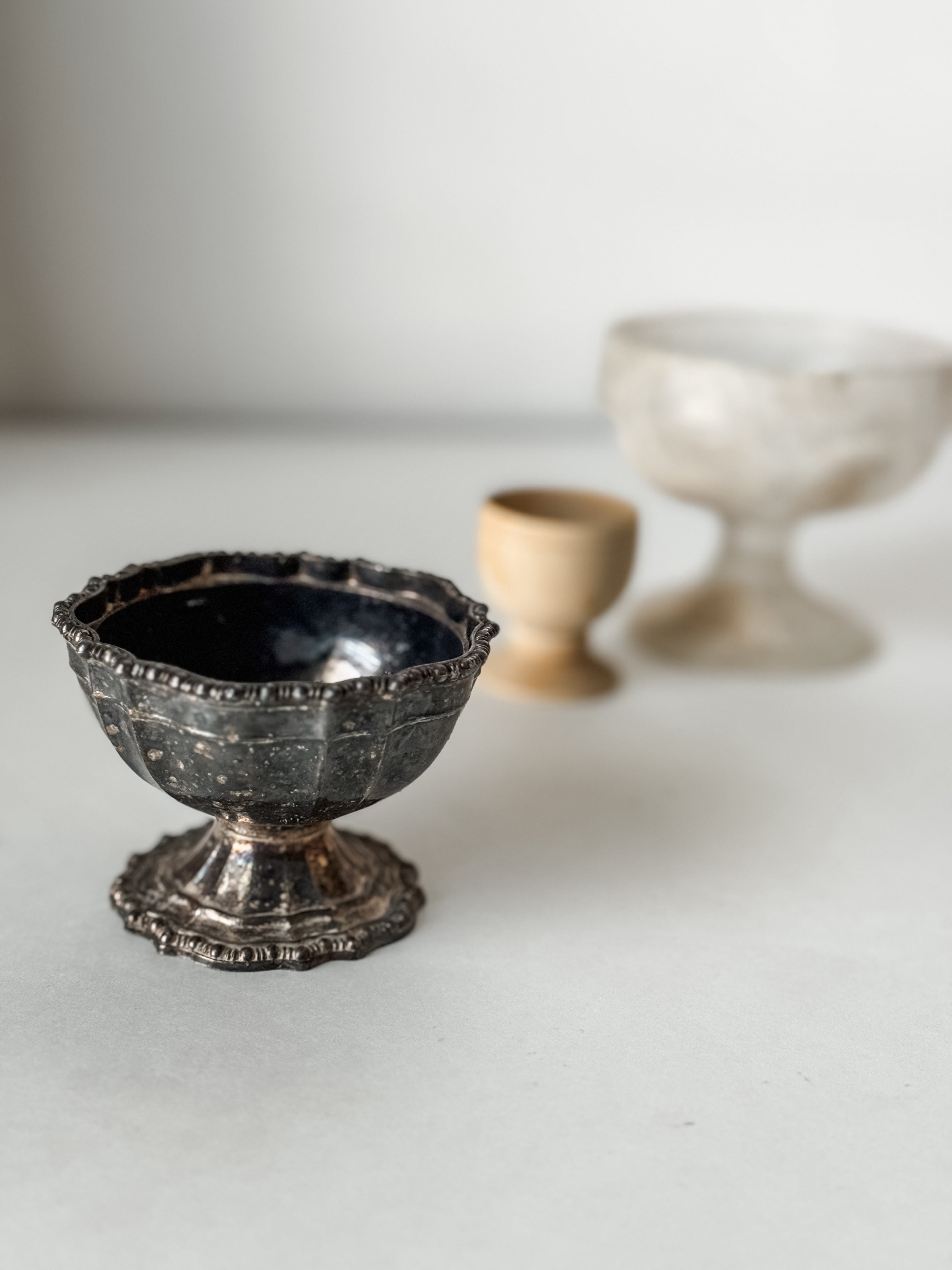 Set Of Three Vintage Mixed Material Footed Vessels