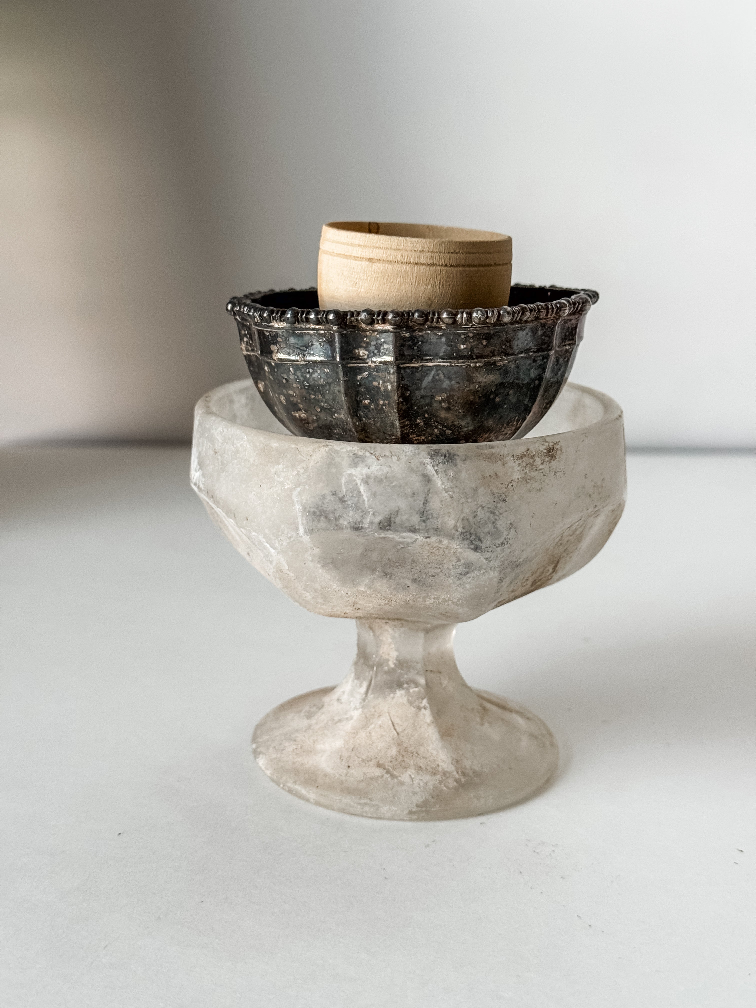Set Of Three Vintage Mixed Material Footed Vessels
