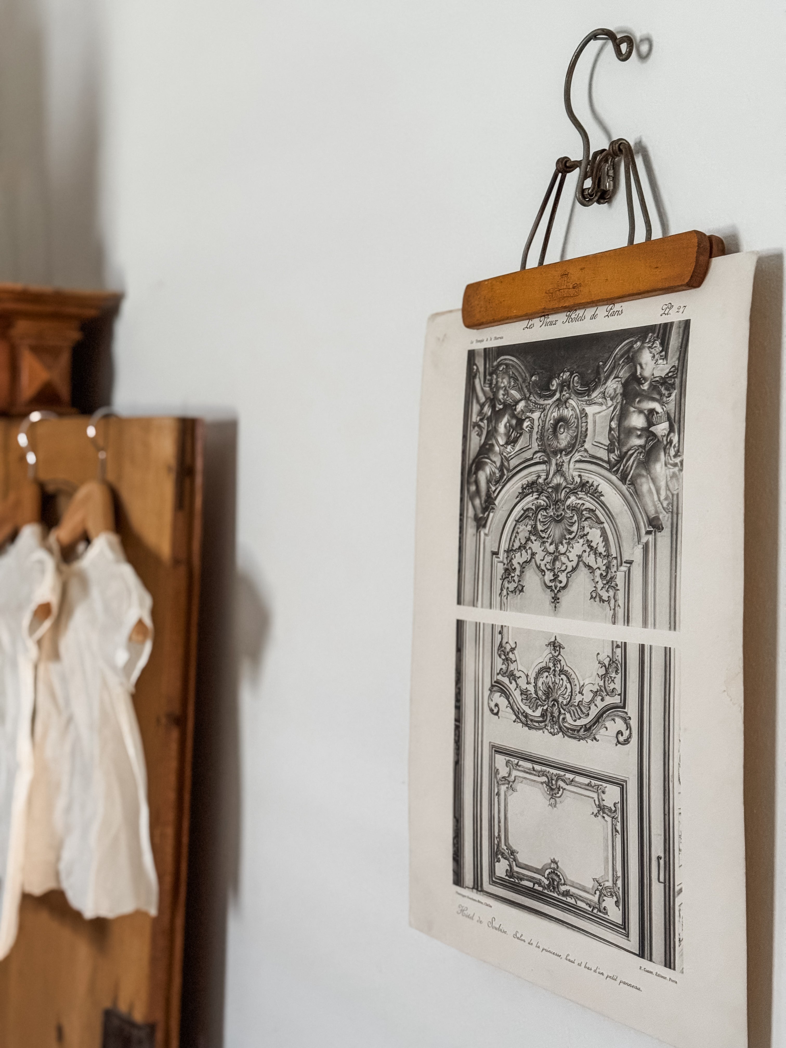 Vintage Large French Print Of Parisian Hotel With Vintage Wood Hanger