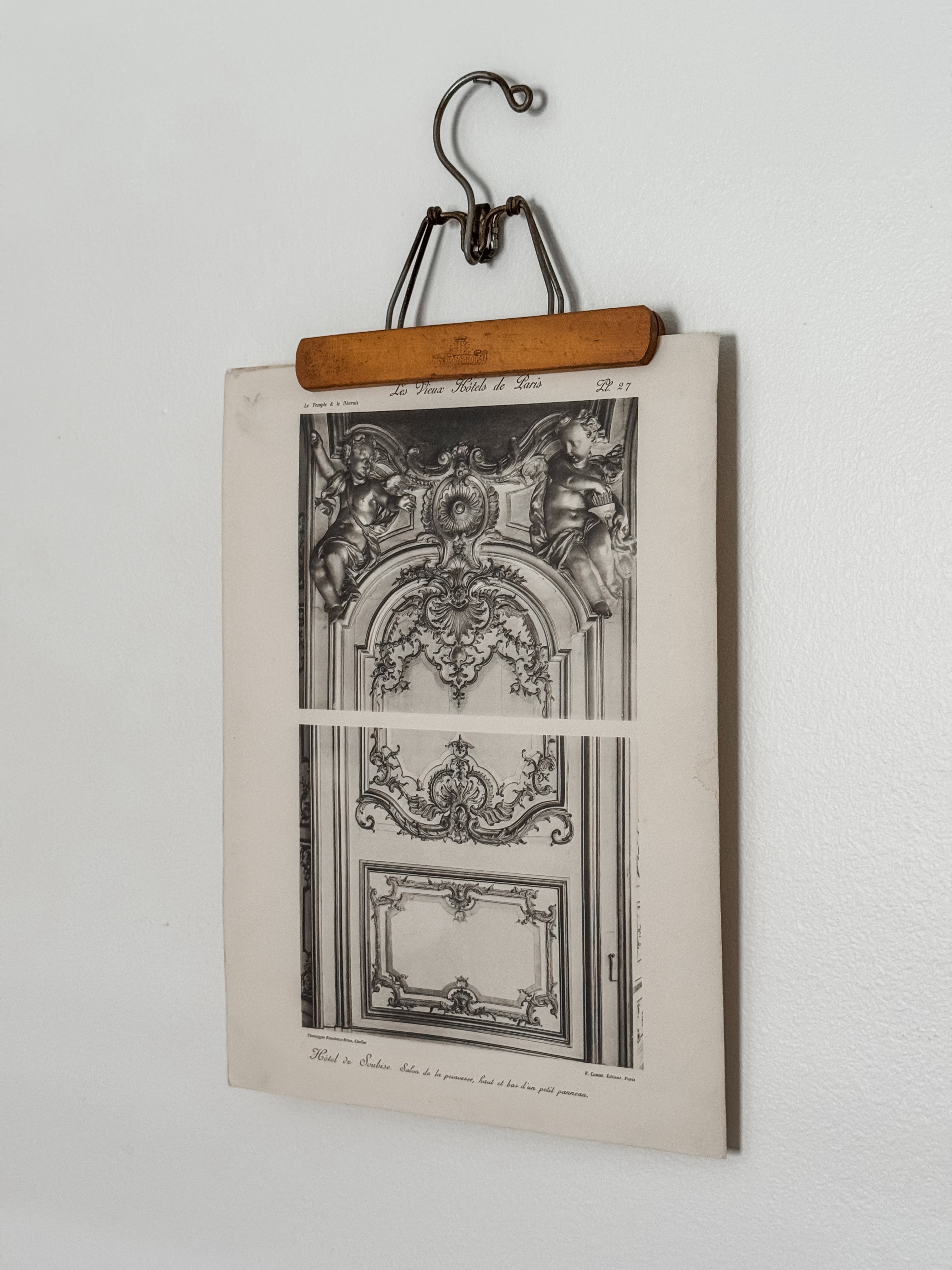 Vintage Large French Print Of Parisian Hotel With Vintage Wood Hanger