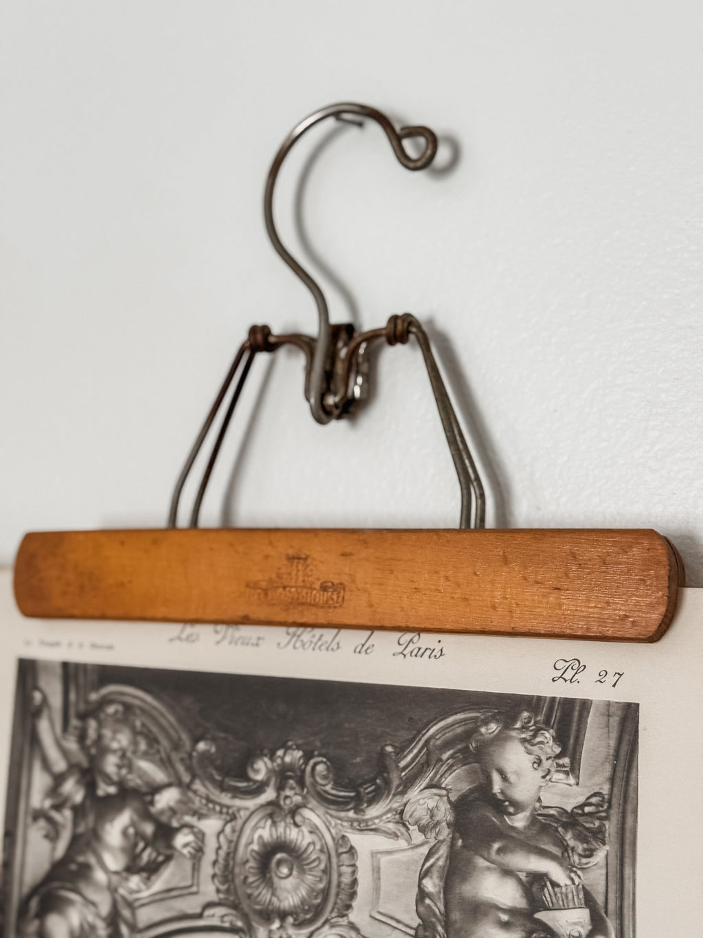 Vintage Large French Print Of Parisian Hotel With Vintage Wood Hanger