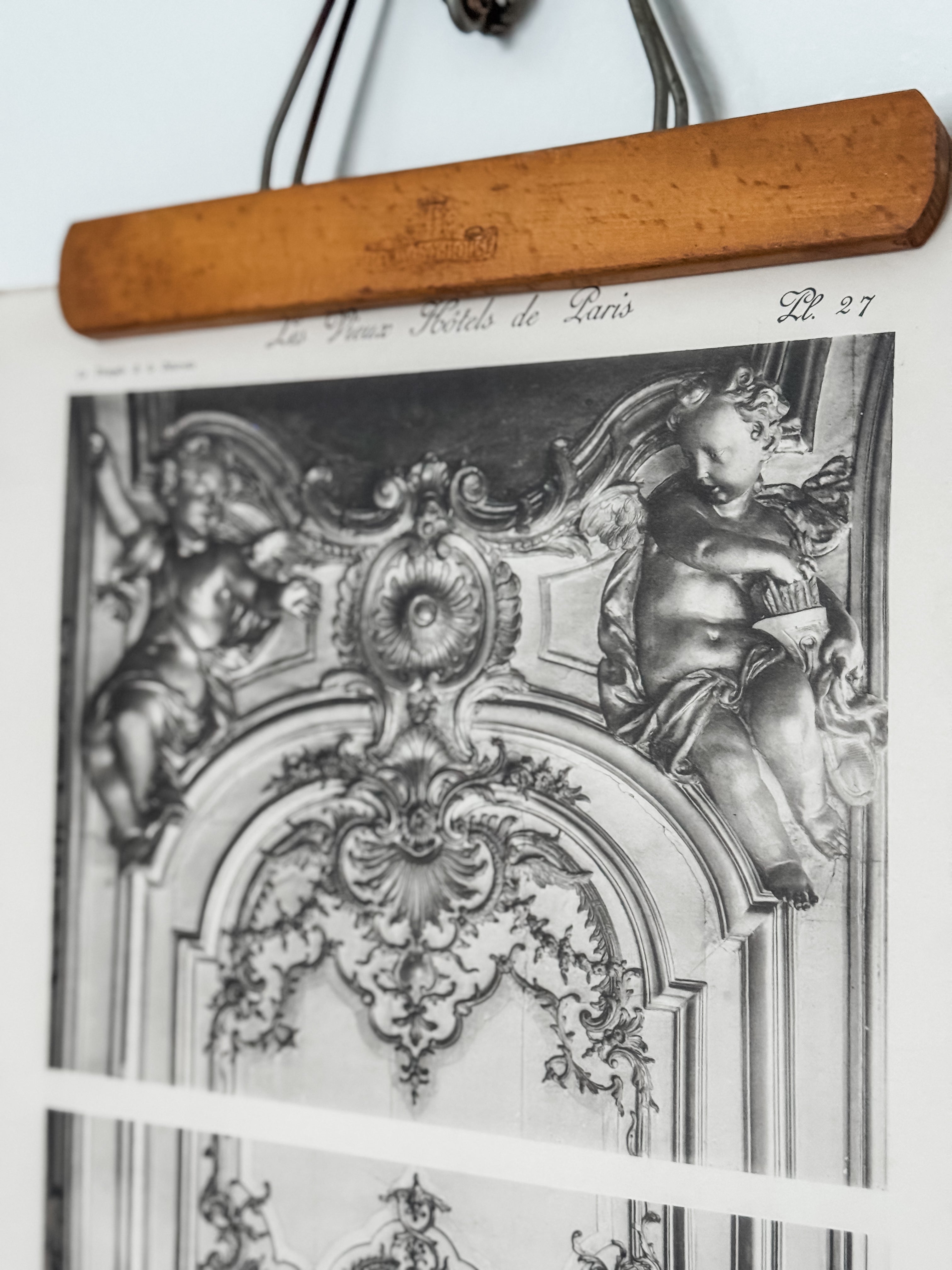 Vintage Large French Print Of Parisian Hotel With Vintage Wood Hanger