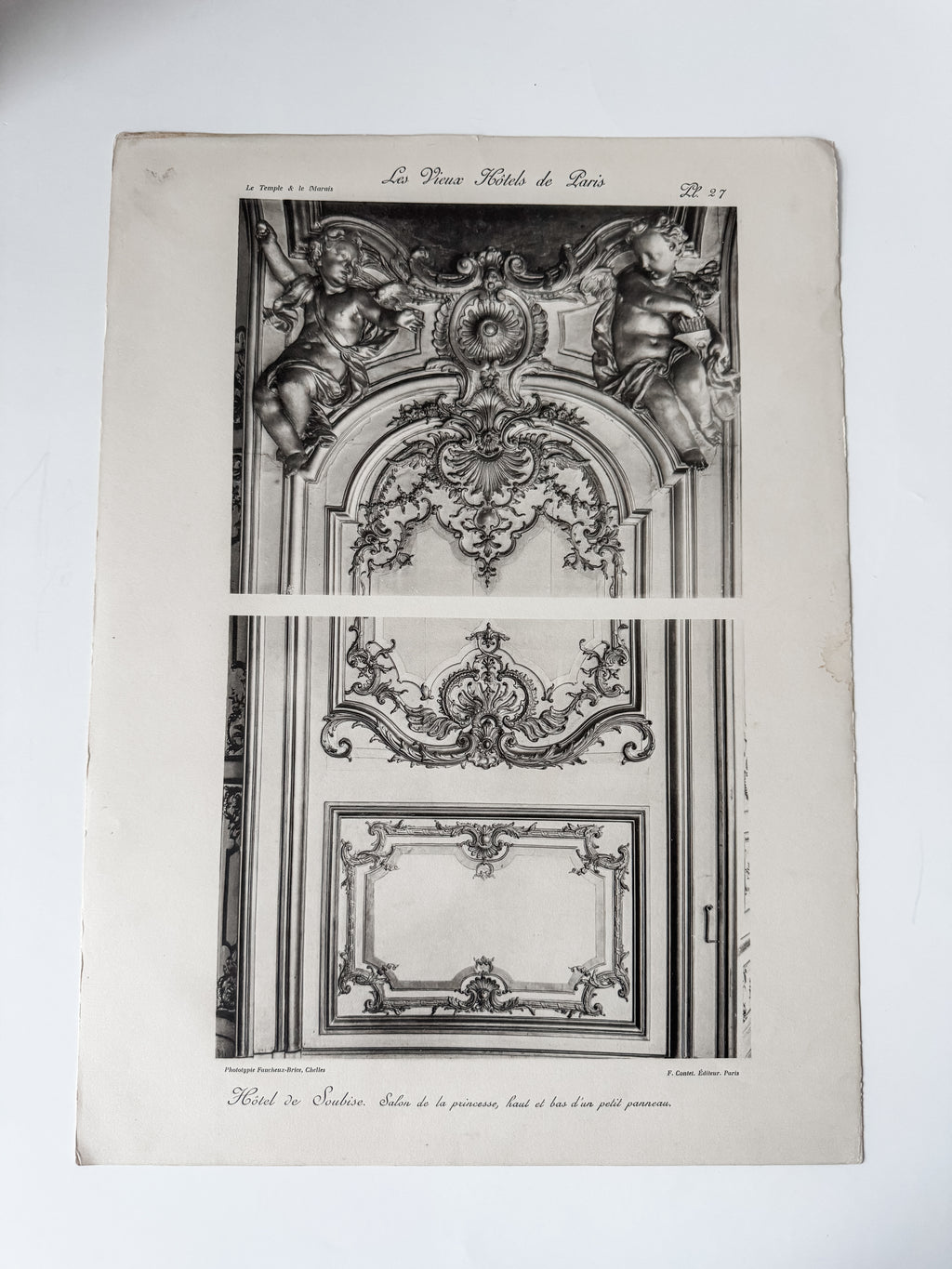 Vintage Large French Print Of Parisian Hotel With Vintage Wood Hanger