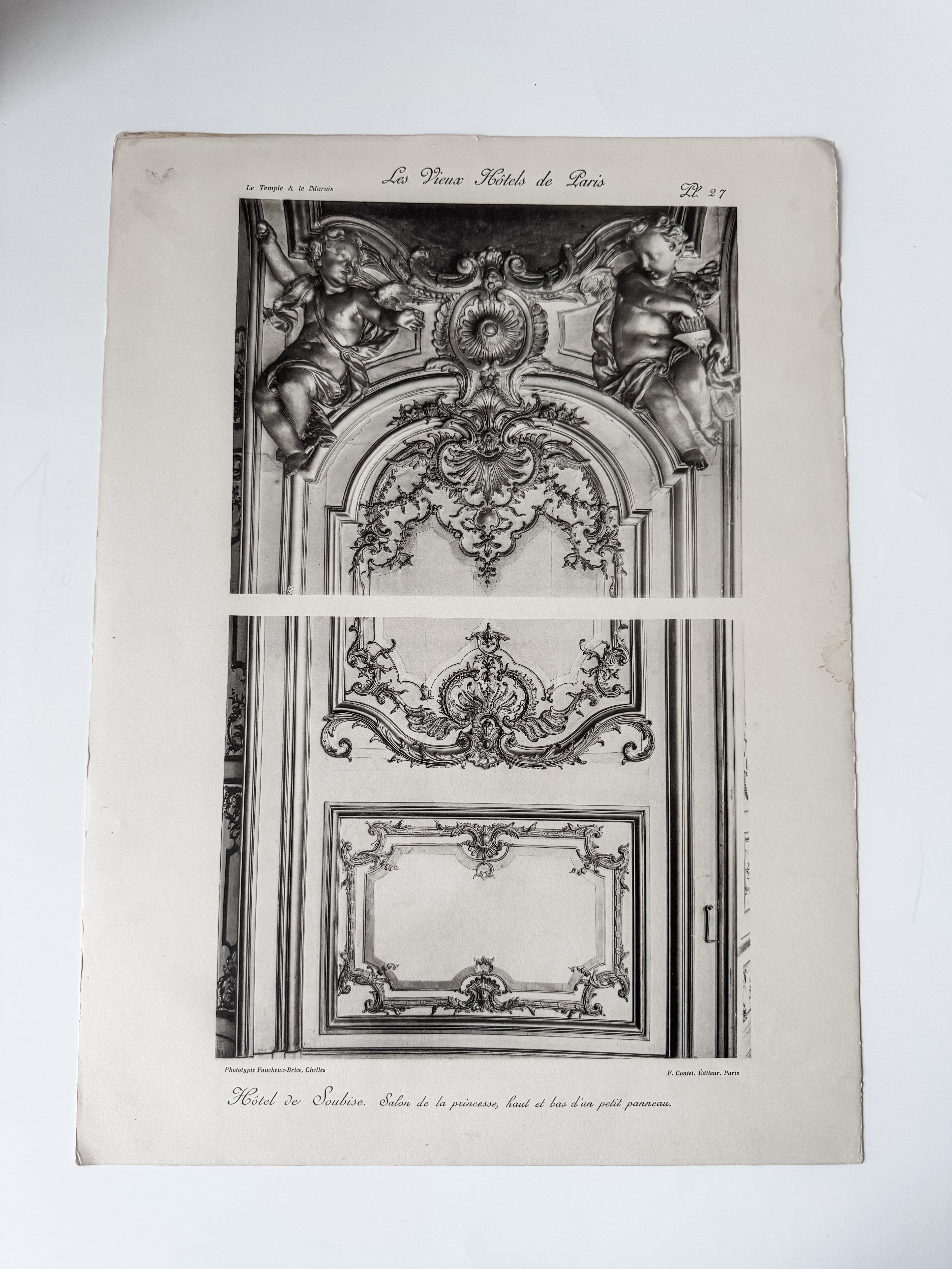 Vintage Large French Print Of Parisian Hotel With Vintage Wood Hanger
