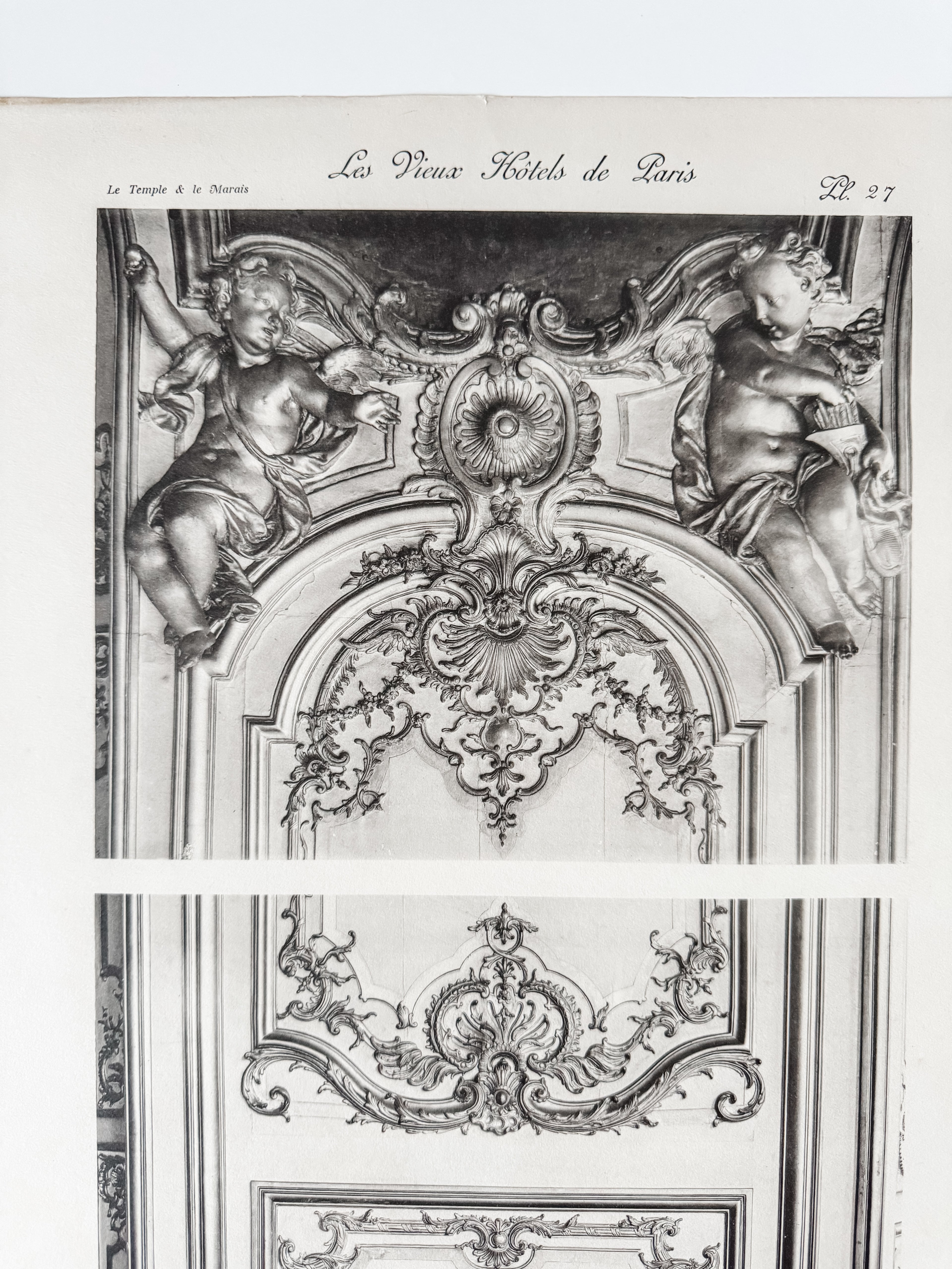 Vintage Large French Print Of Parisian Hotel With Vintage Wood Hanger