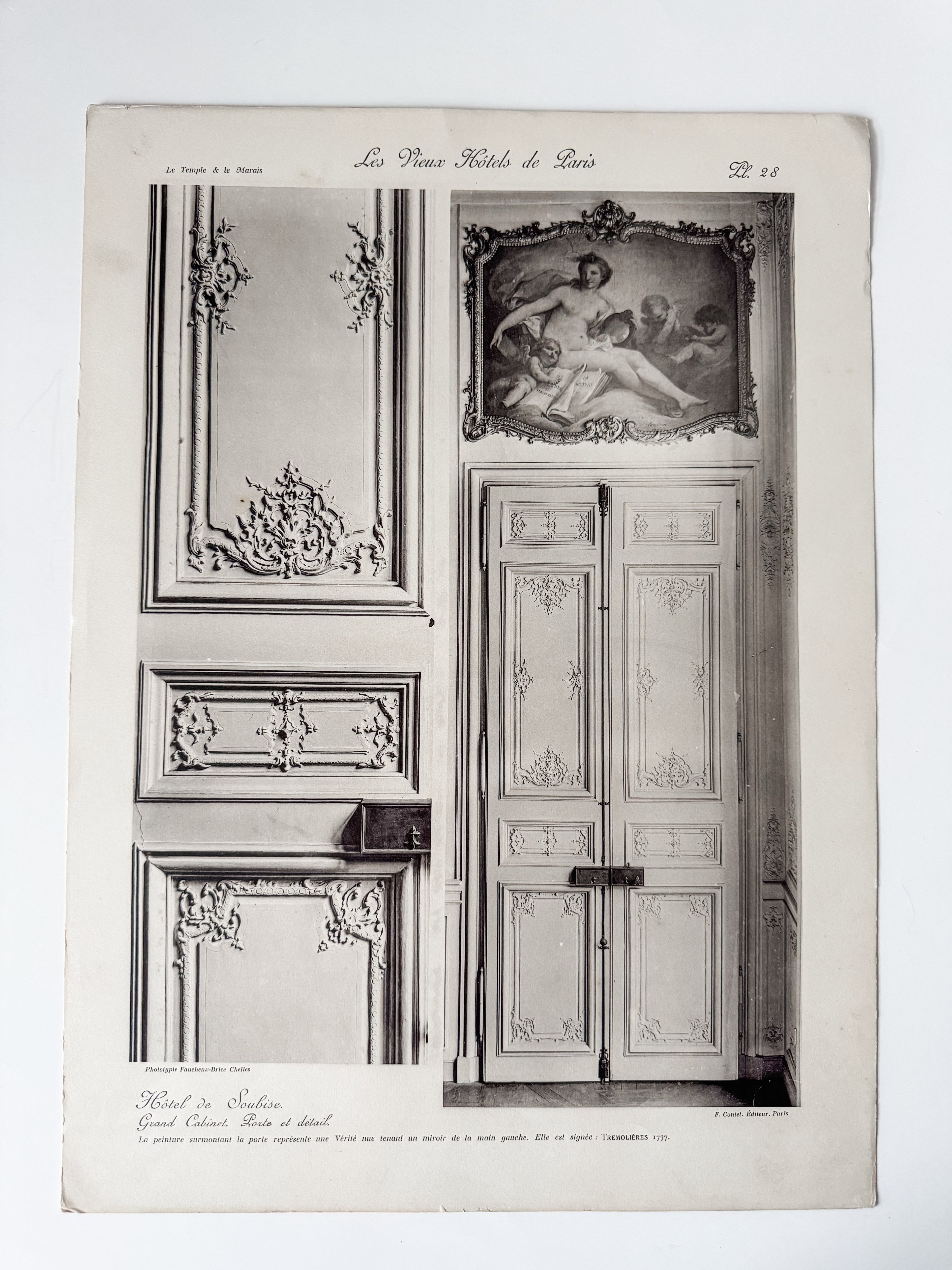 Vintage Large French Print Of Parisian Hotel With Vintage Wood Hanger