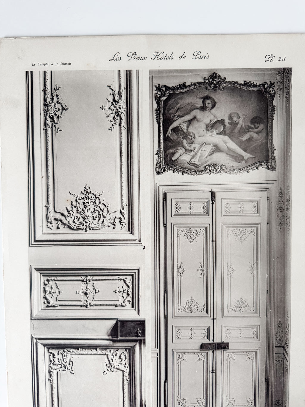 Vintage Large French Print Of Parisian Hotel With Vintage Wood Hanger