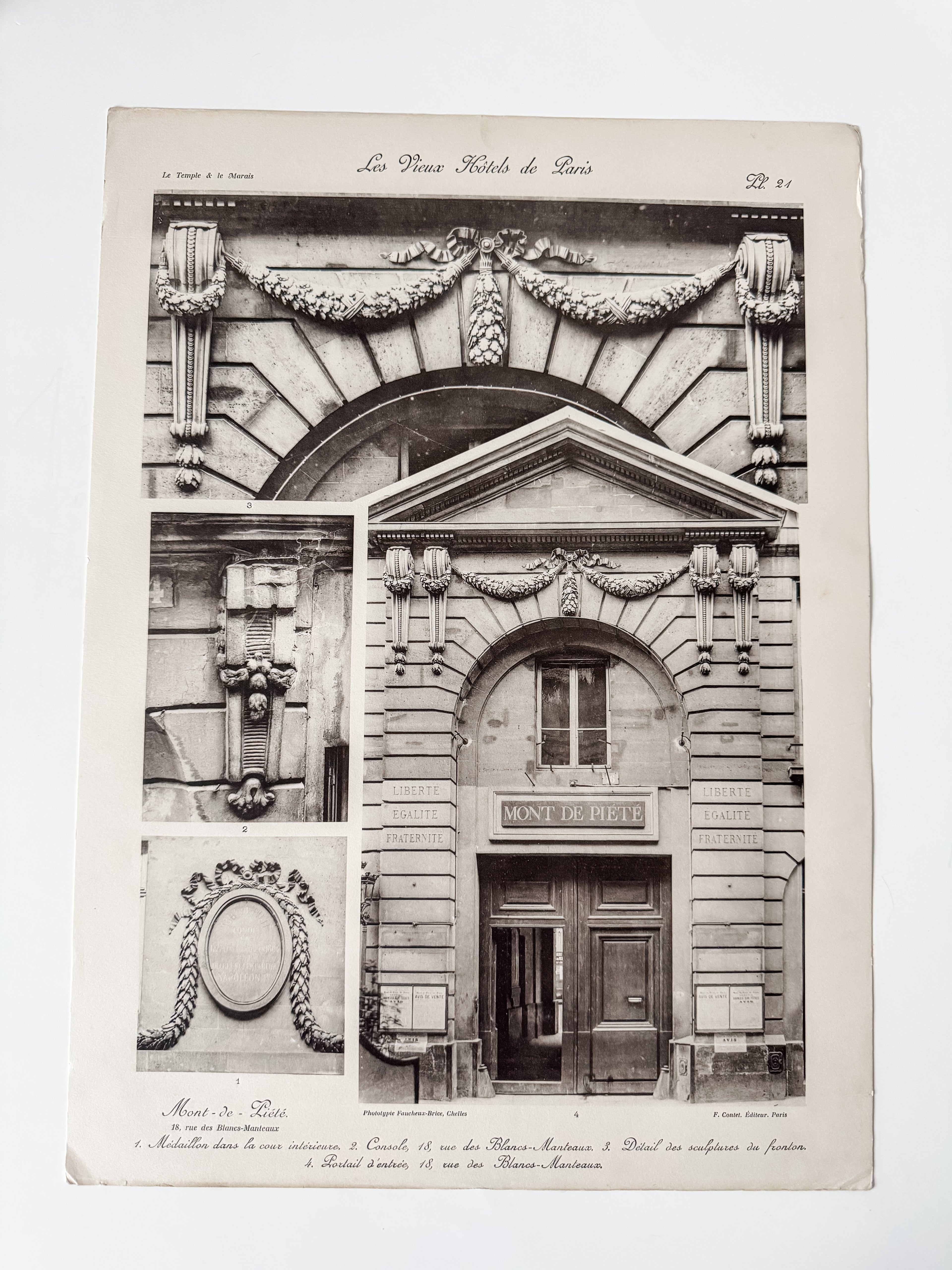 Vintage Large French Print Of Parisian Hotel With Vintage Wood Hanger