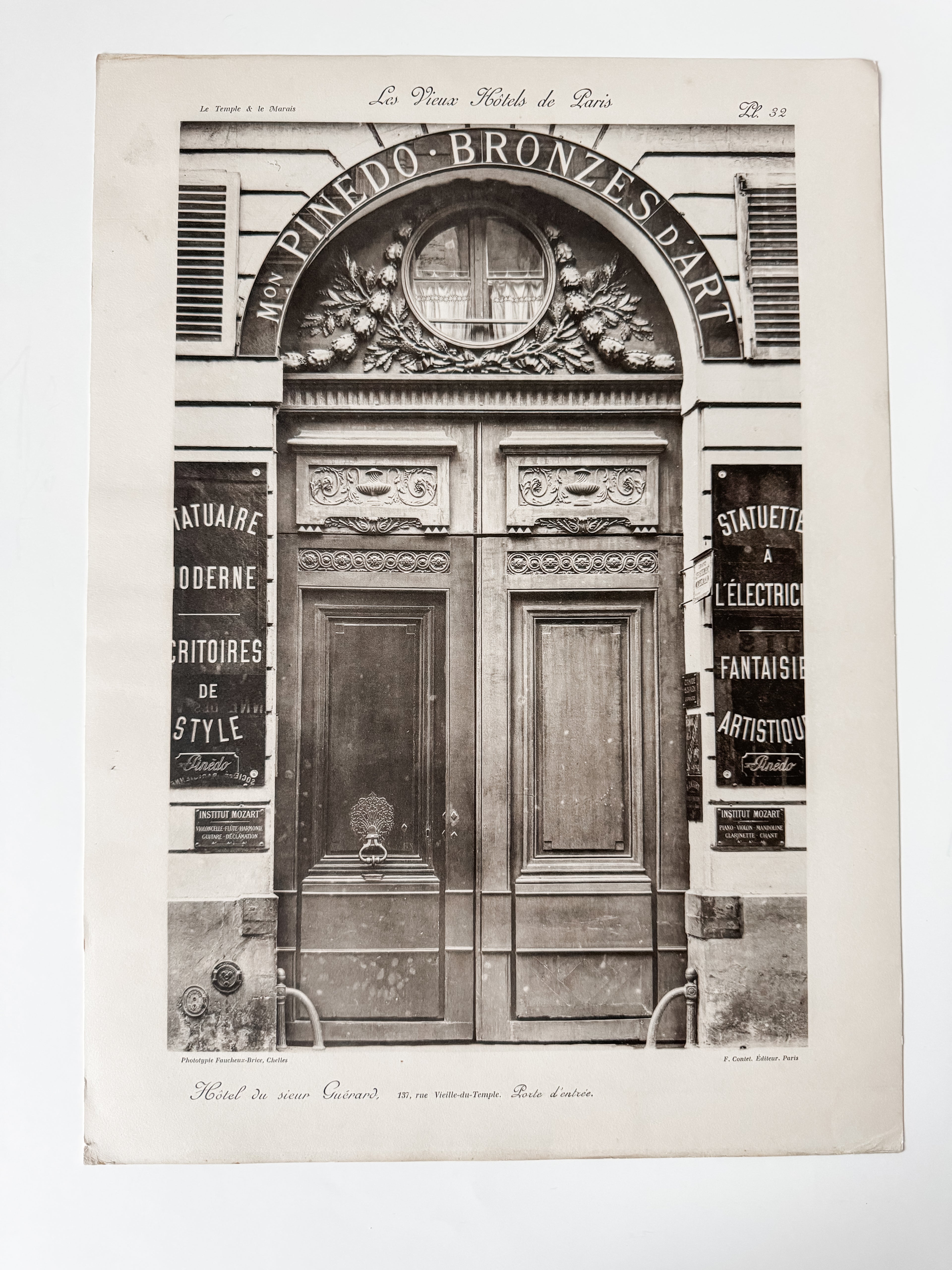 Vintage Large French Print Of Parisian Hotel With Vintage Wood Hanger