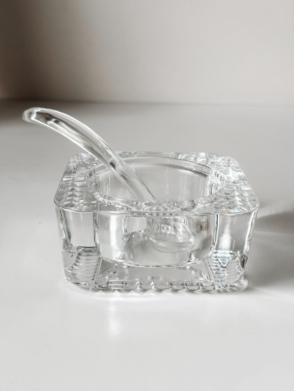 Vintage French Glass Salt Cellar and Spoon
