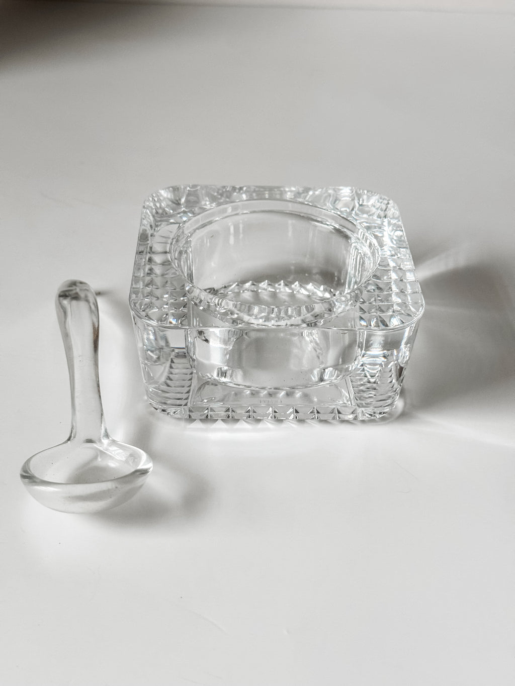 Vintage French Glass Salt Cellar and Spoon
