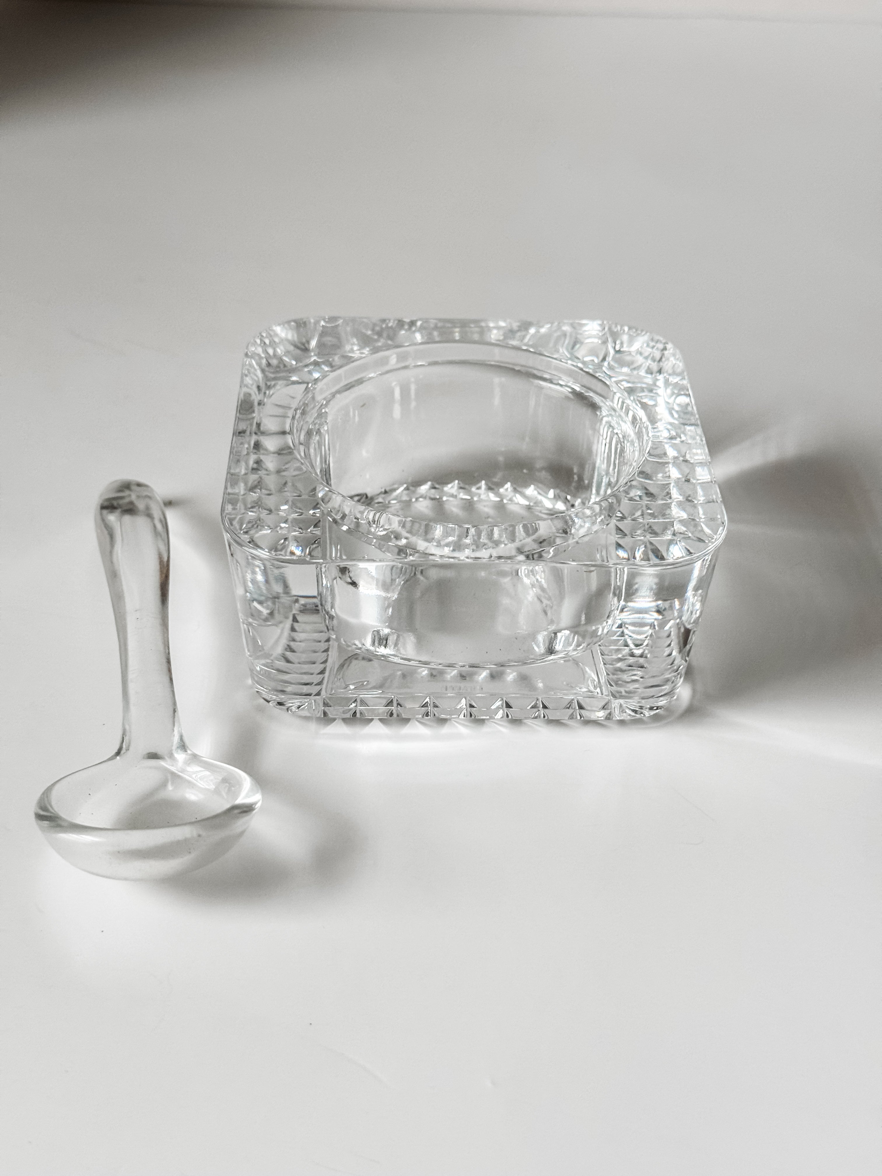 Vintage French Glass Salt Cellar and Spoon
