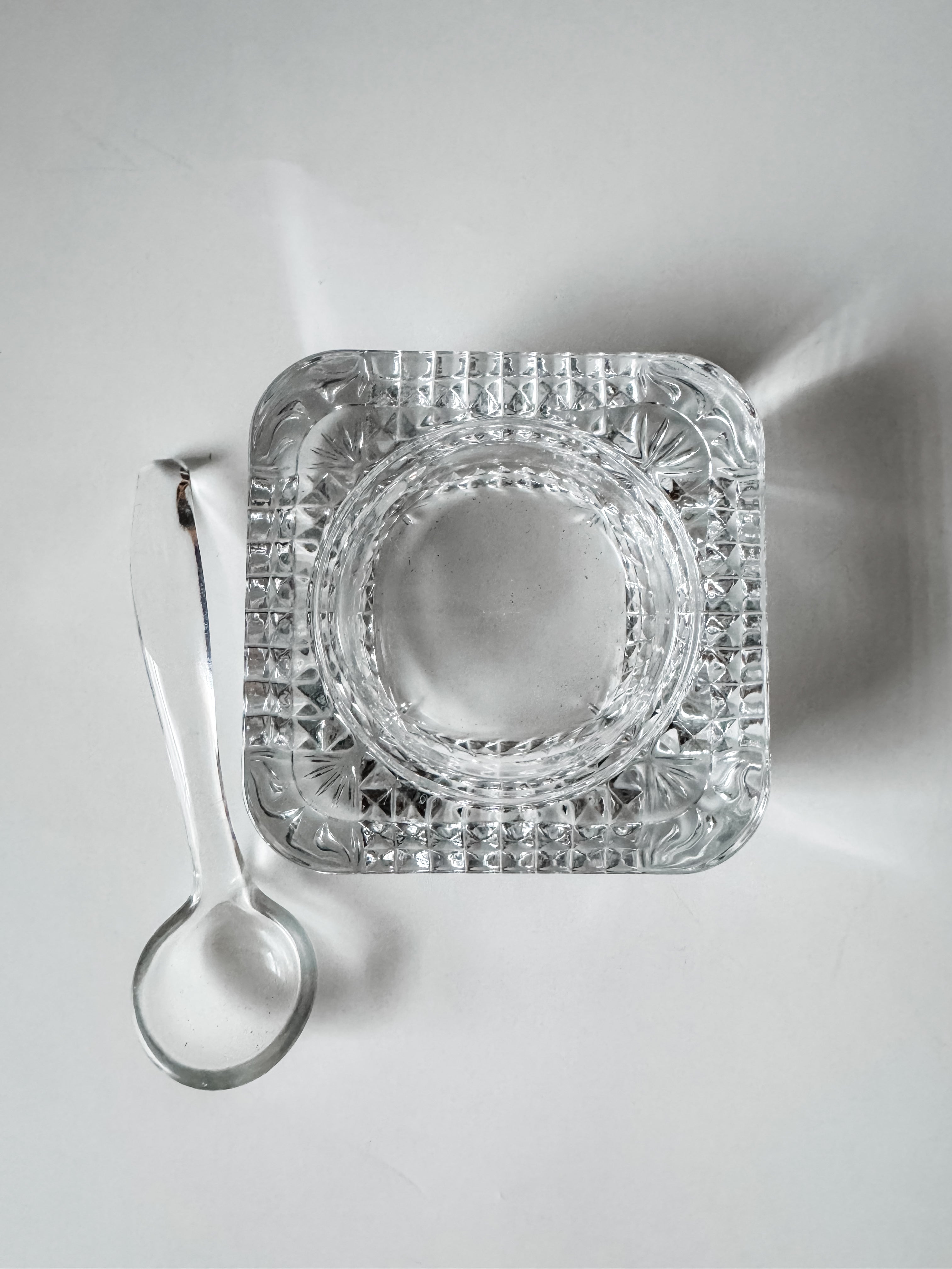 Vintage French Glass Salt Cellar and Spoon