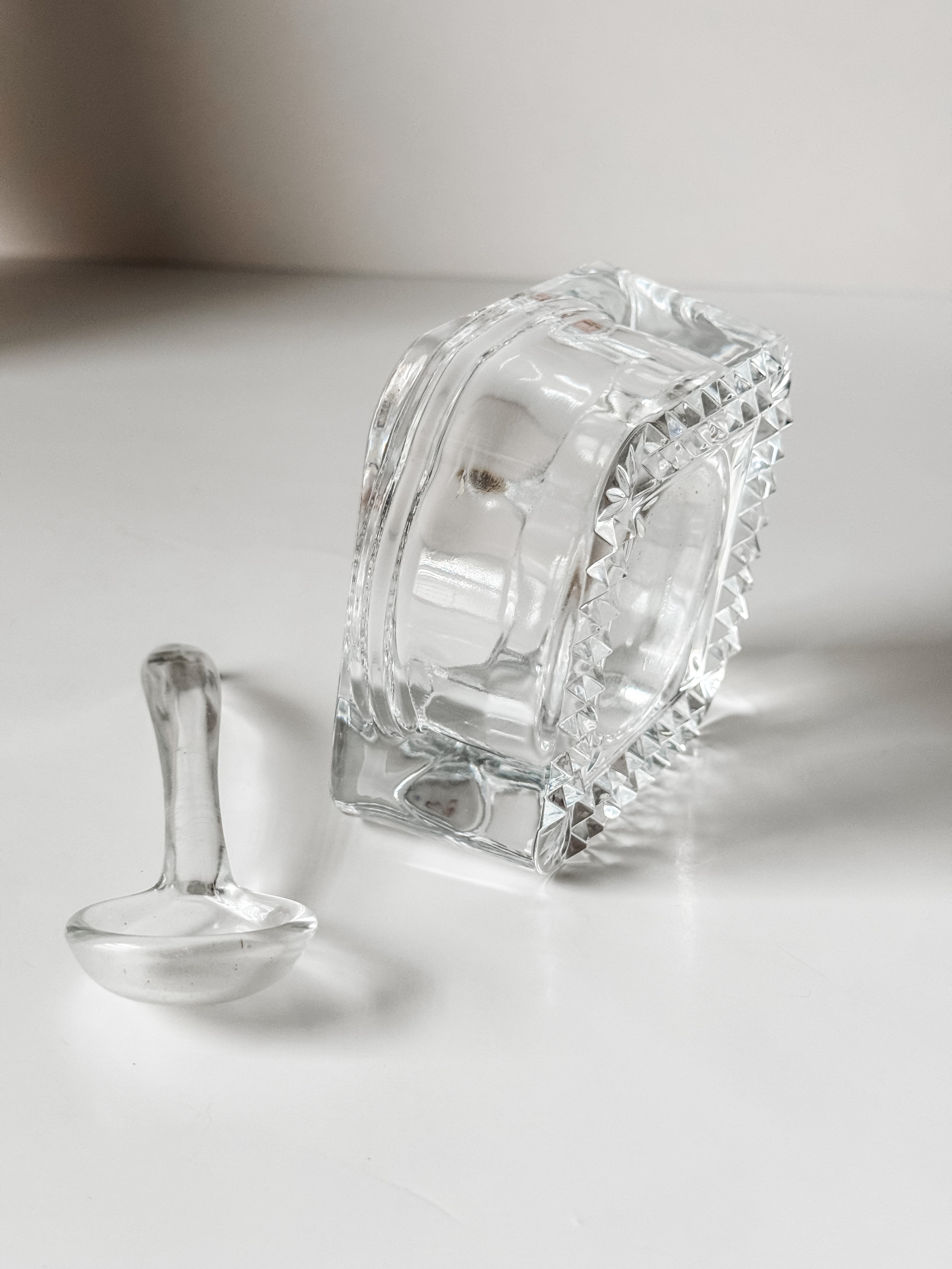 Vintage French Glass Salt Cellar and Spoon