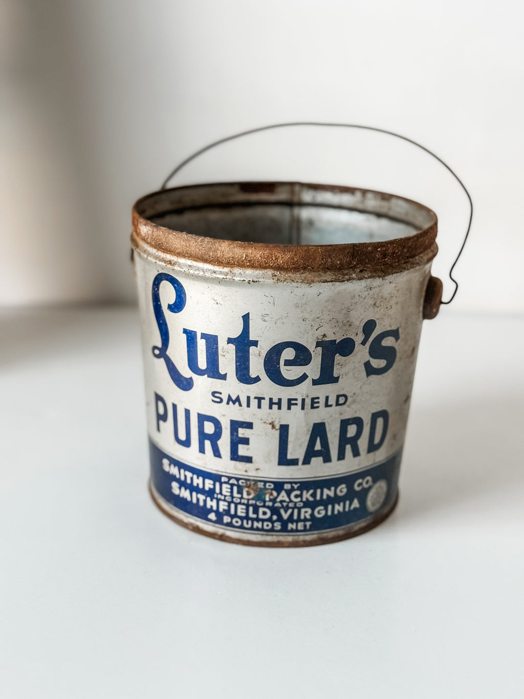 Vintage Blue And Gray Luter's Lard Bucket With Graphics
