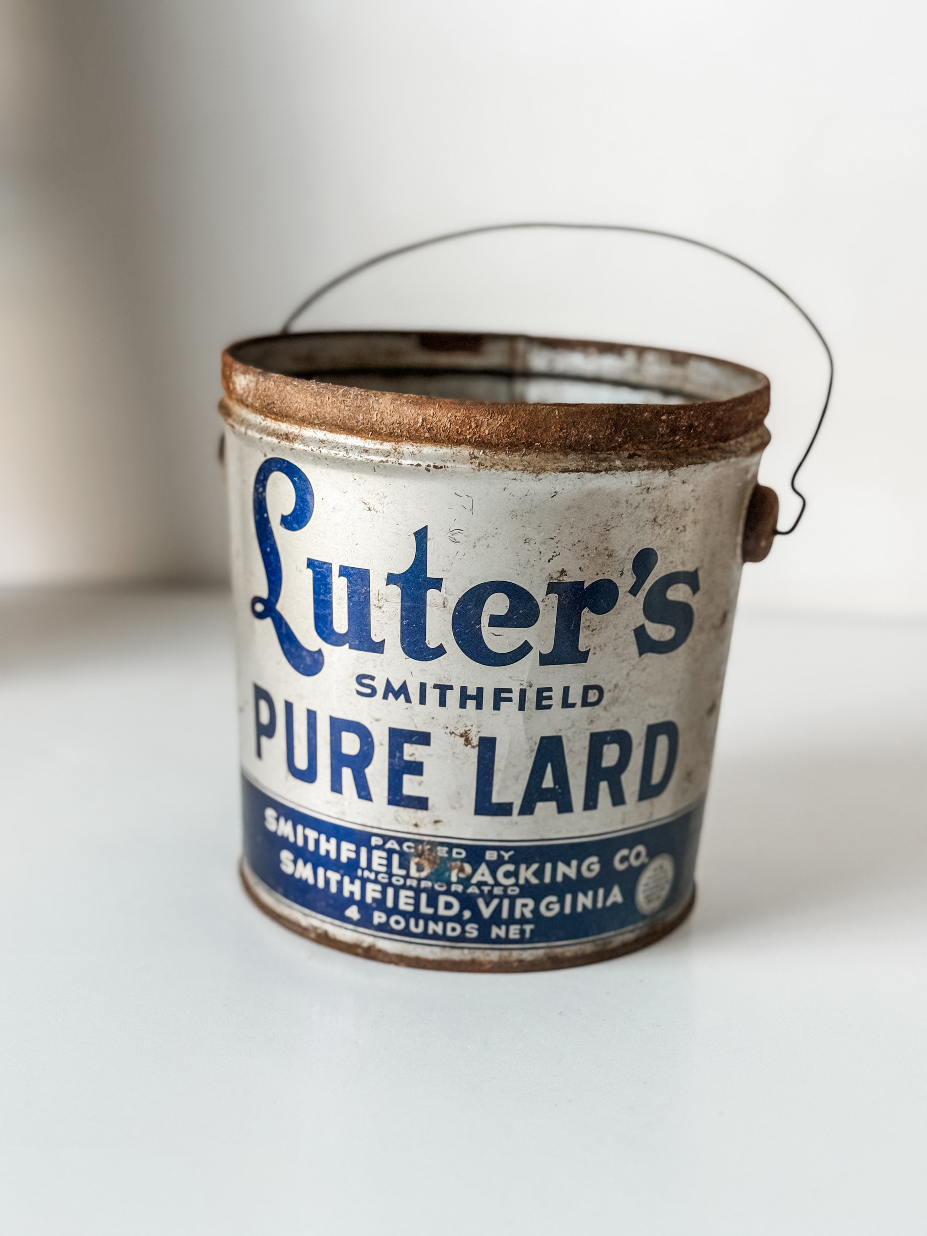Vintage Blue And Gray Luter's Lard Bucket With Graphics