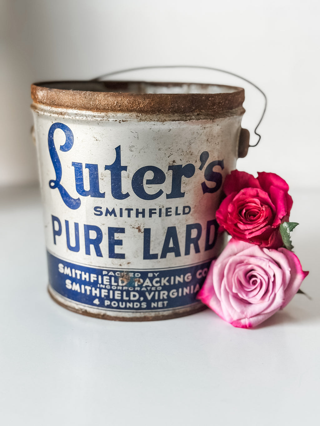Vintage Blue And Gray Luter's Lard Bucket With Graphics