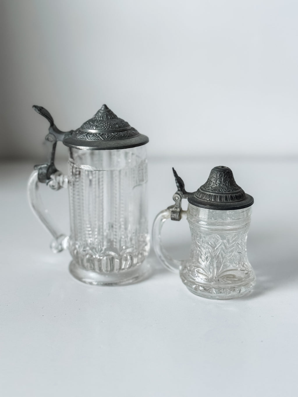 Set Of Two Small German Glass And Pewter Tankards