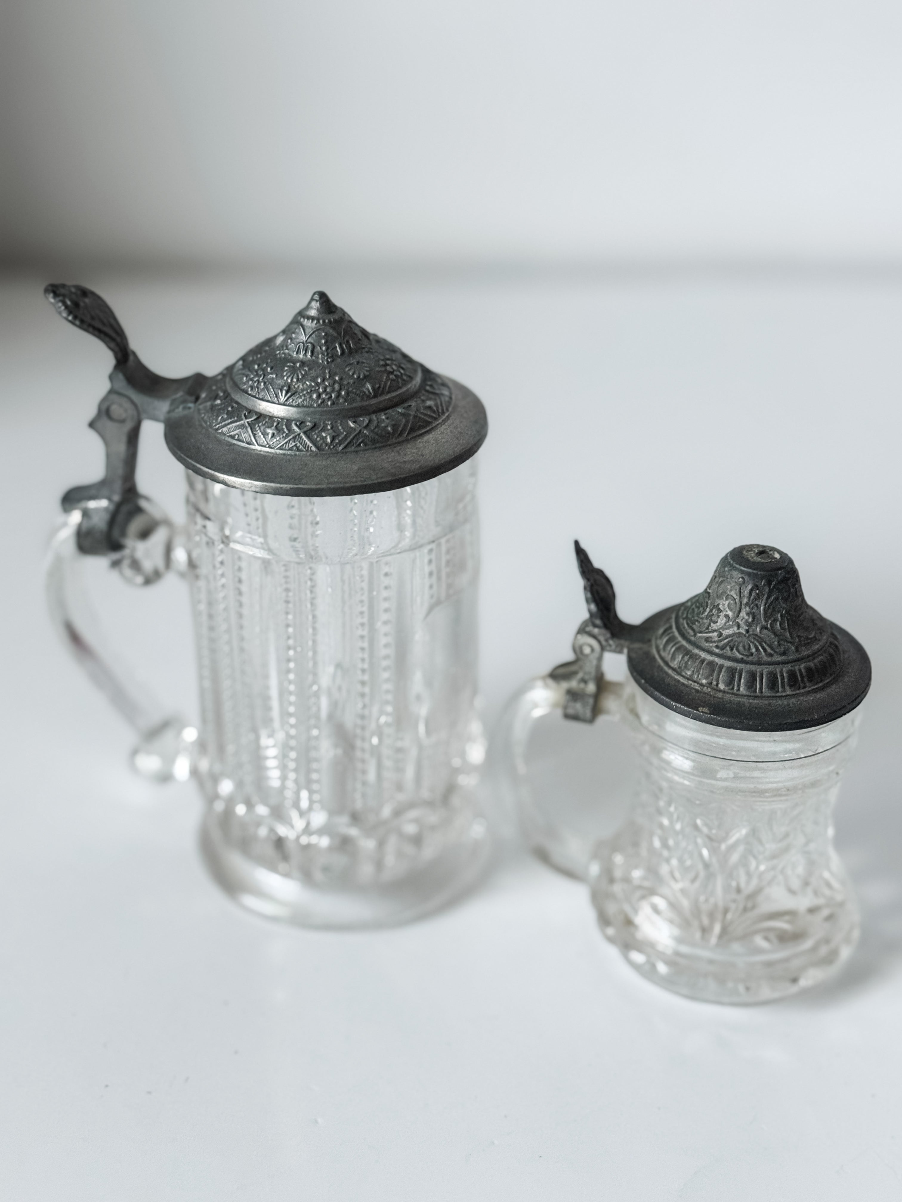 Set Of Two Small German Glass And Pewter Tankards